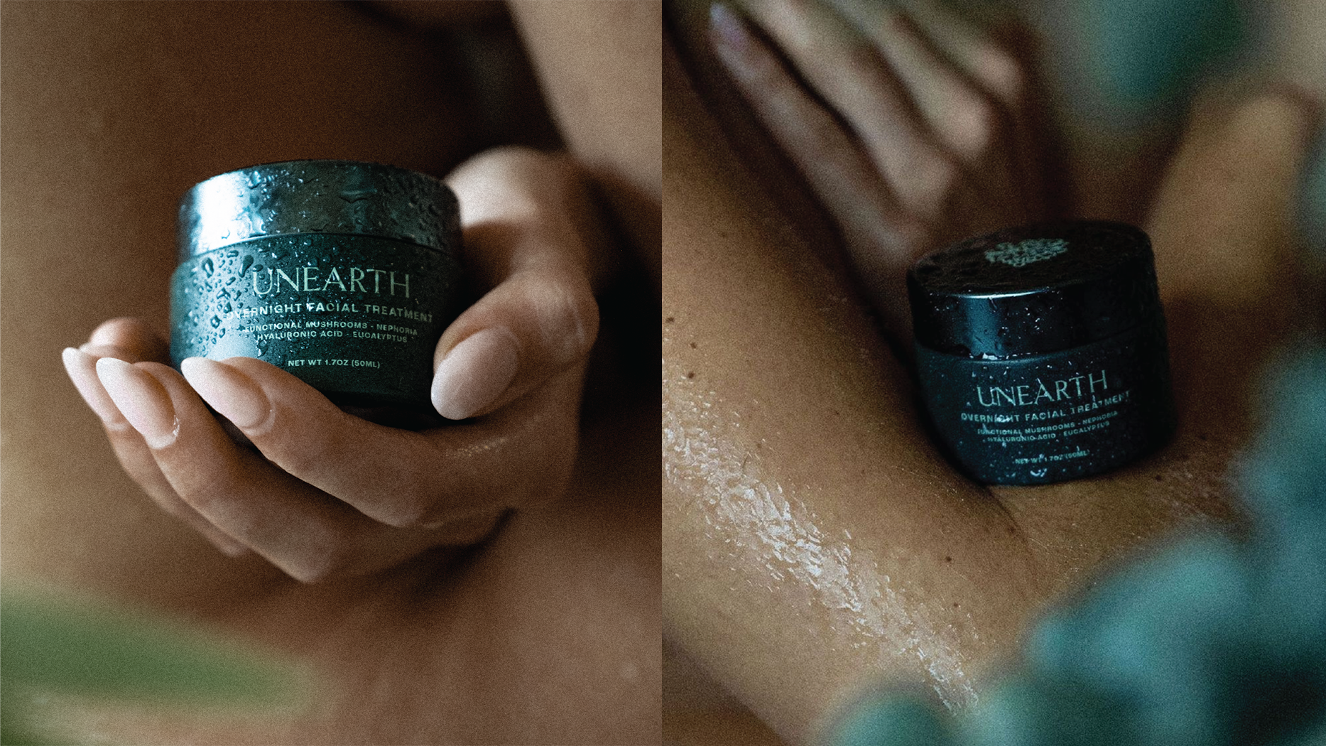 Hands holding the Elder Flower Unearth overnight facial treatment jar against bare skin
