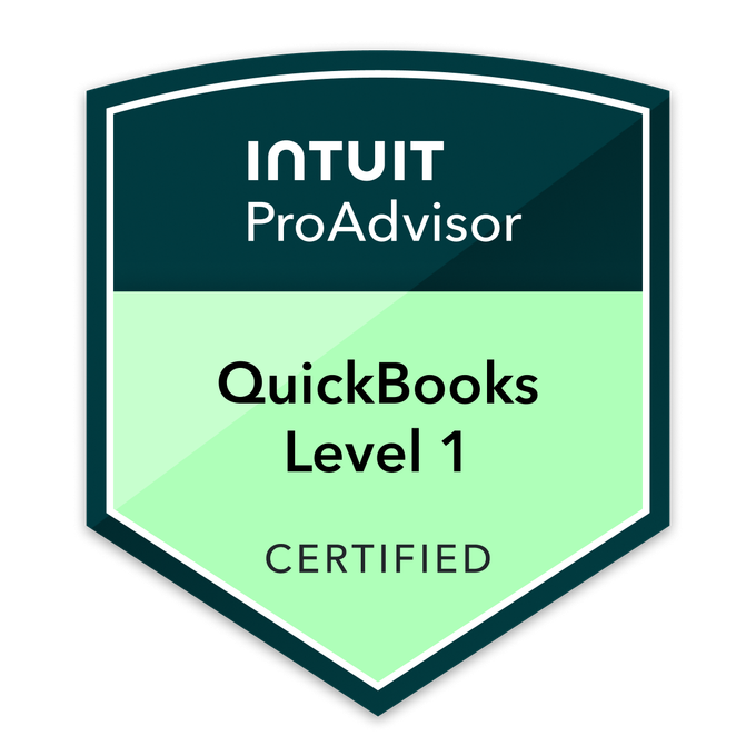 Intuit ProAdvisor QuickBooks Level 1 Certified badge.