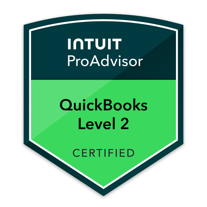 Intuit ProAdvisor QuickBooks Level 2 Certified badge with dark blue and green shield design.