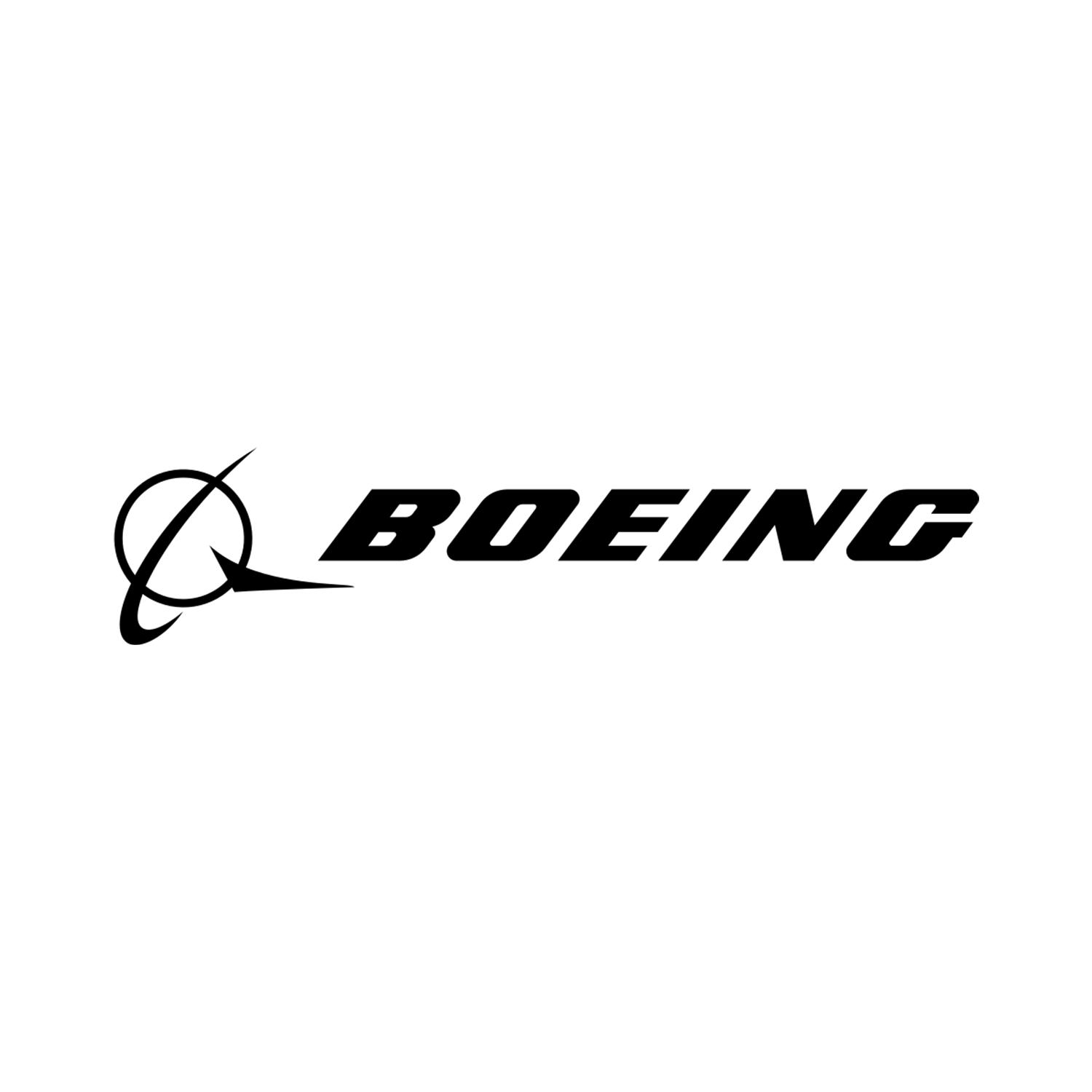 Boeing logo with a stylized airplane passing through a circular orbit.