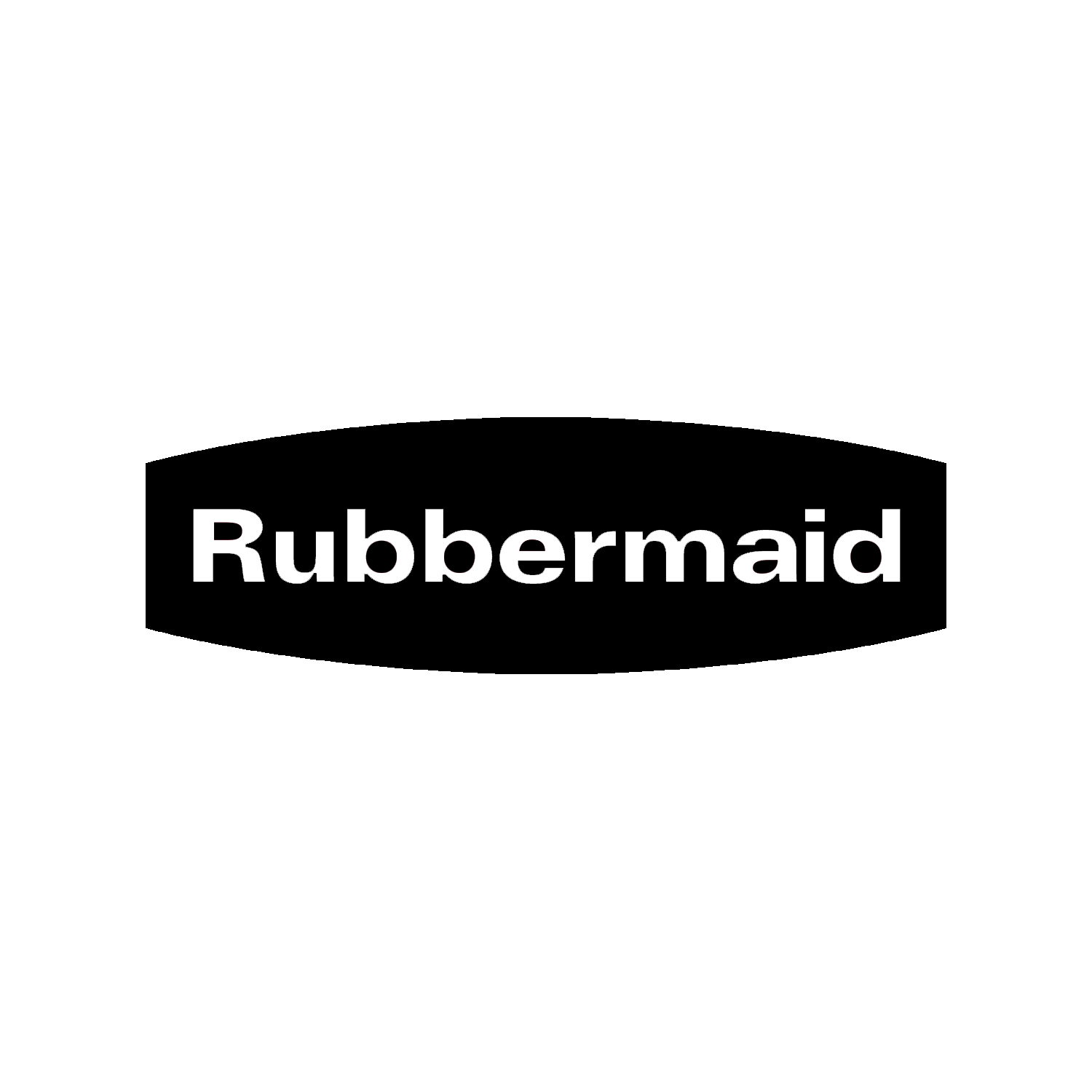 Rubbermaid brand logo in white text on a black curved rectangular background.