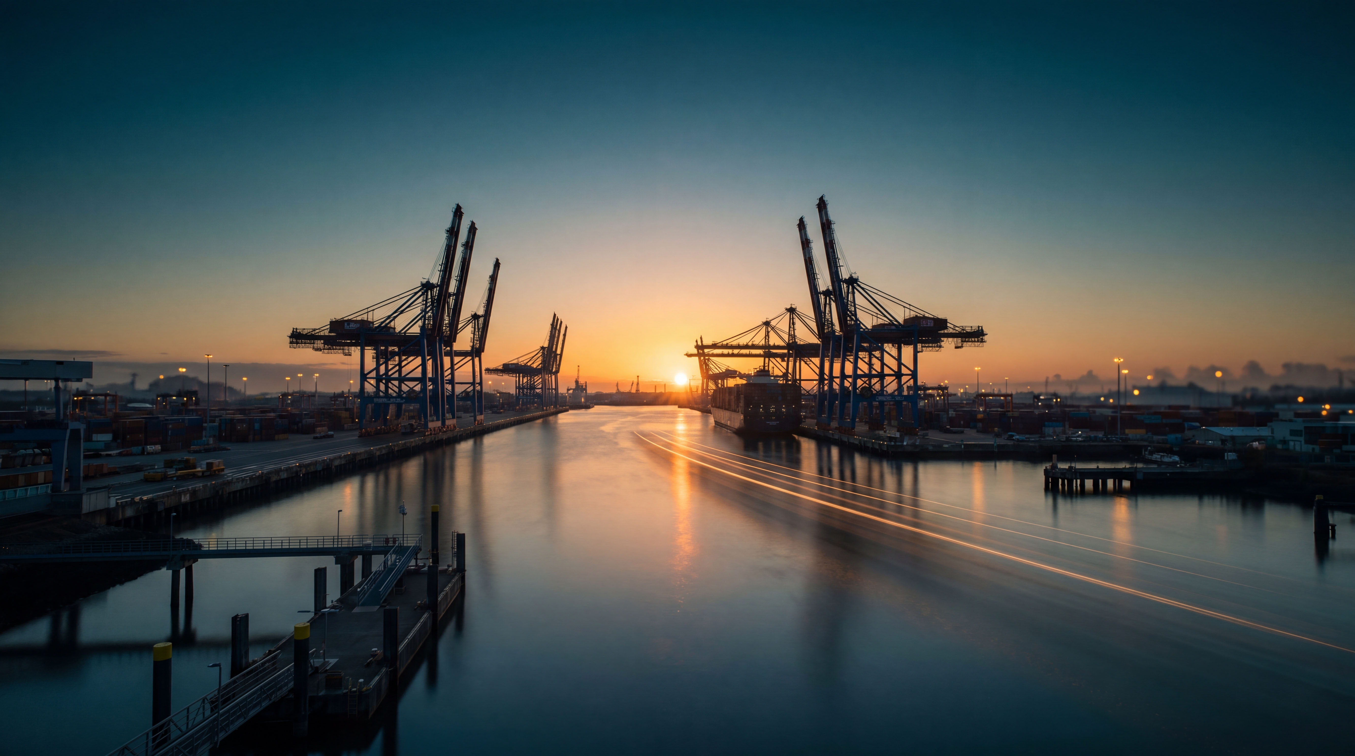 Sunset view of a shipping port with cranes and container ships along calm water.