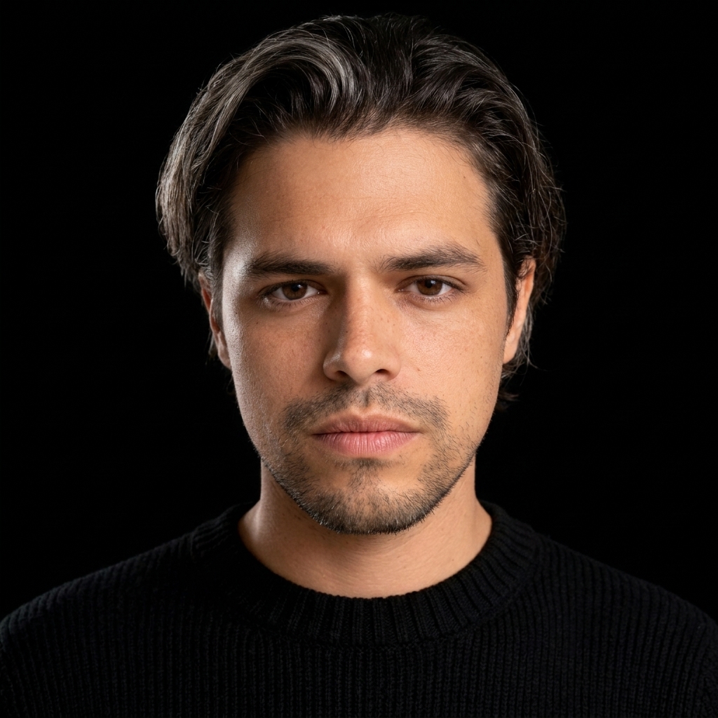 Close-up portrait of a young man with dark hair and light stubble wearing a black sweater against a black background.