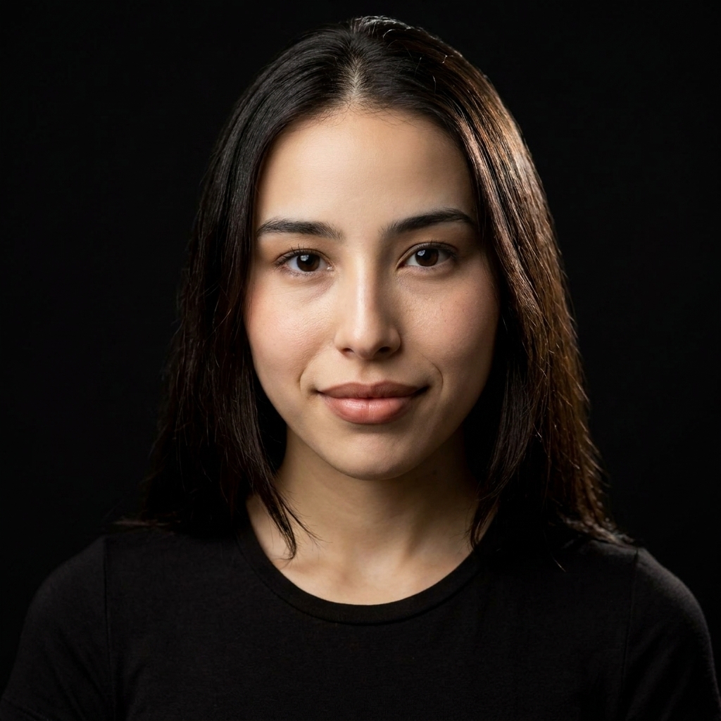 Young woman with straight dark hair wearing a black top, looking calmly at the camera against a black background.