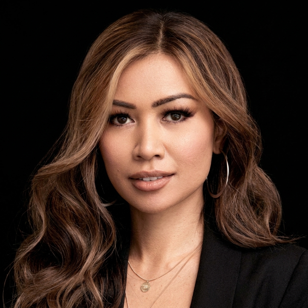 Close-up portrait of a woman with long wavy light brown hair, wearing hoop earrings, a black top, and a gold necklace, against a black background.