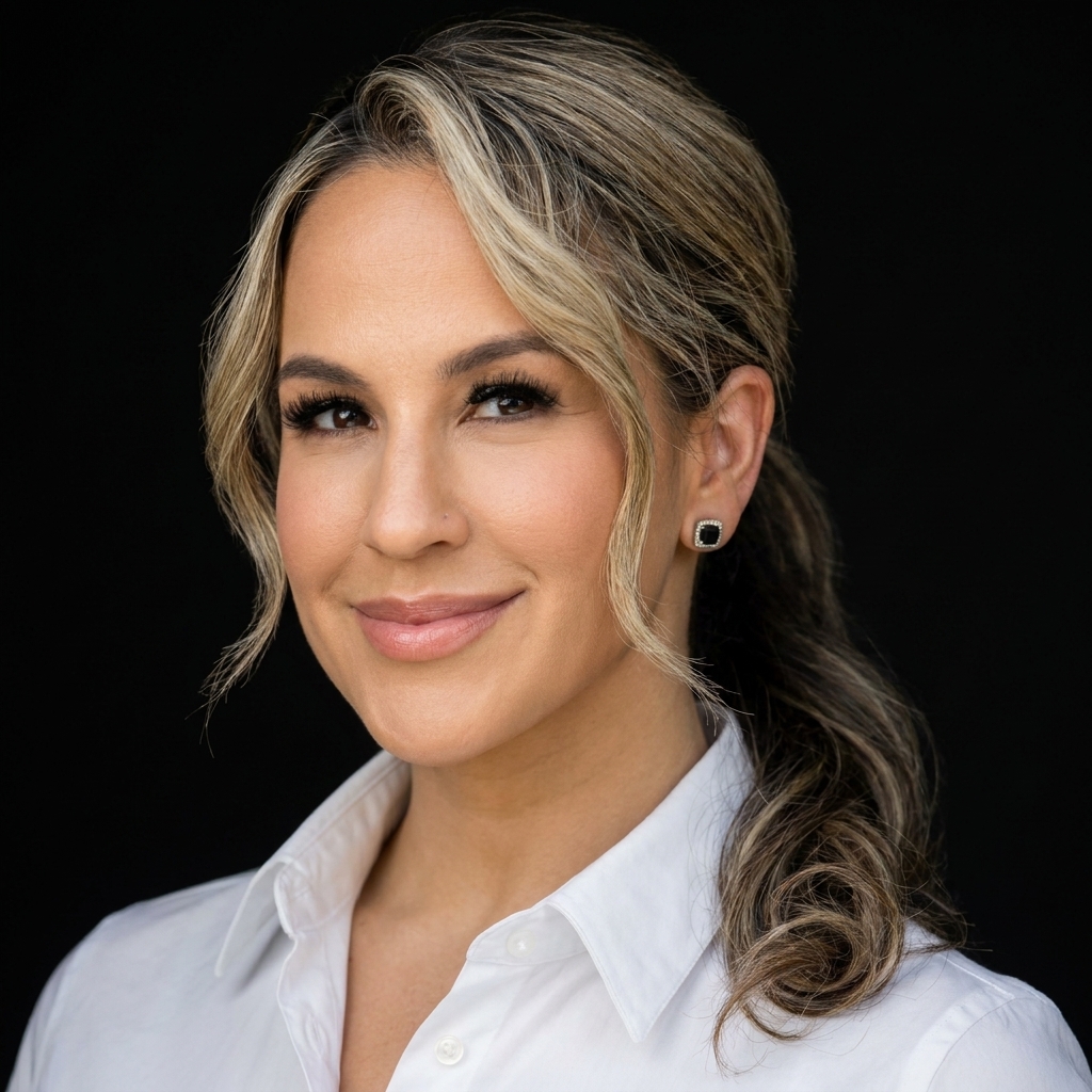 Smiling woman with light blonde highlights in her hair, wearing a white collared shirt and black stud earrings, against a black background.