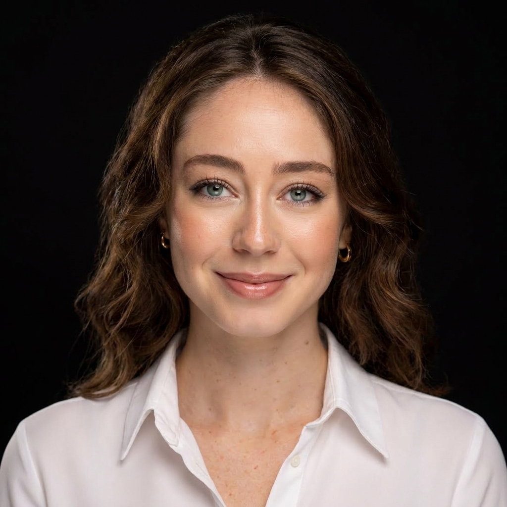 Portrait of a woman with wavy brown hair, blue eyes, wearing a white button-up shirt against a black background.