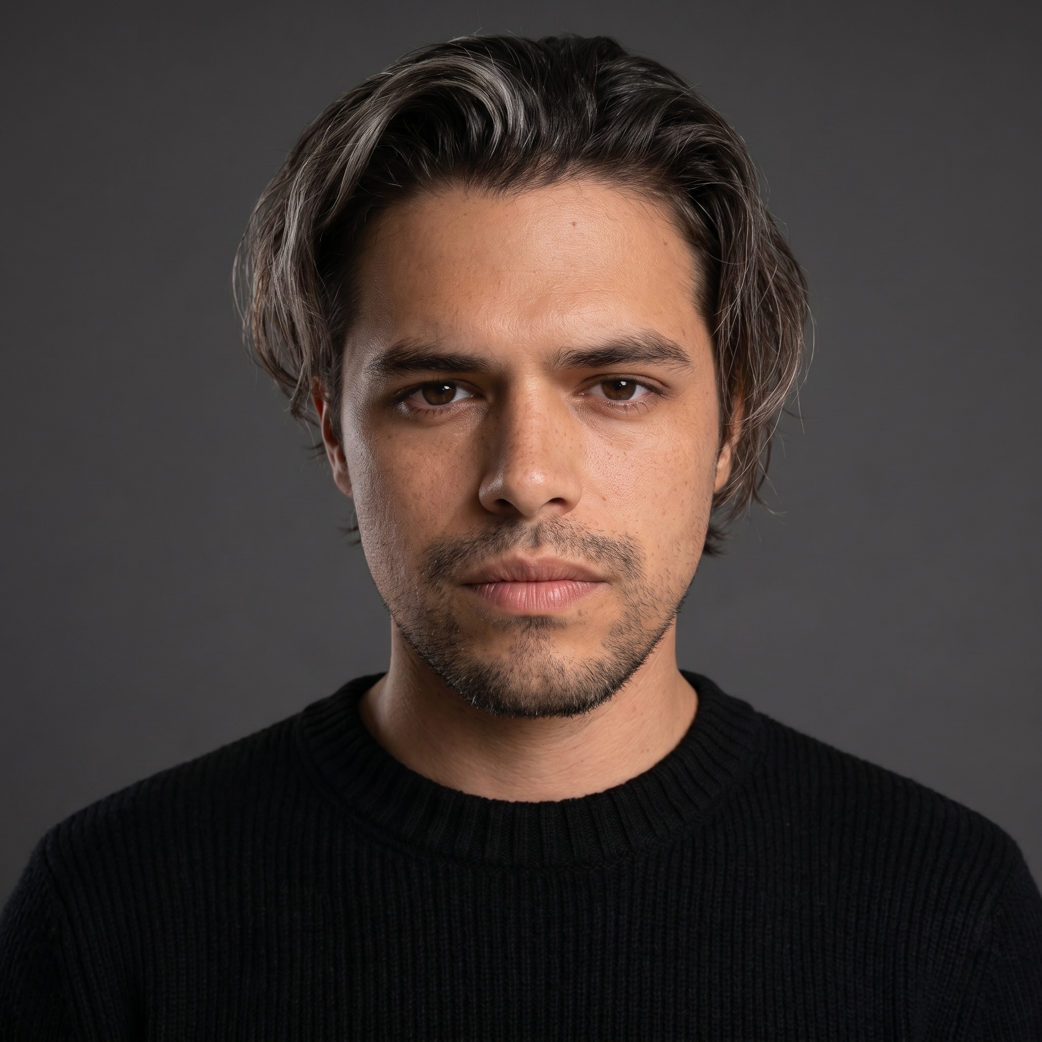 Close-up portrait of a young man with dark hair and light stubble wearing a black sweater against a black background.