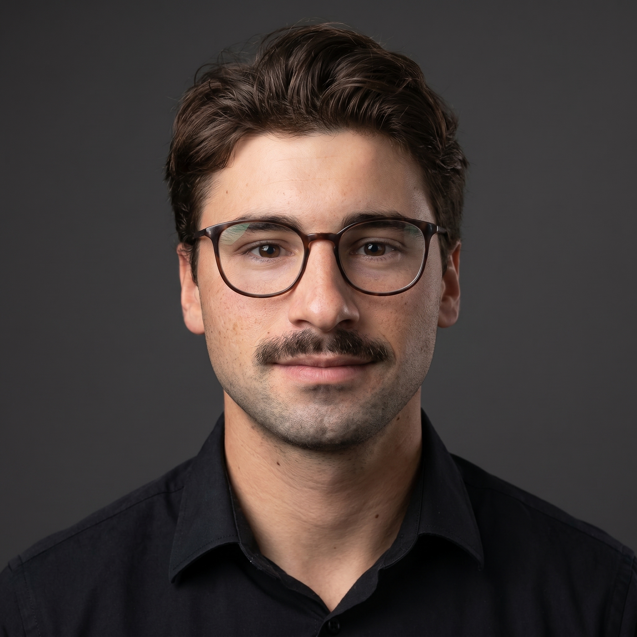 Young man with glasses and a mustache wearing a black shirt against a black background.