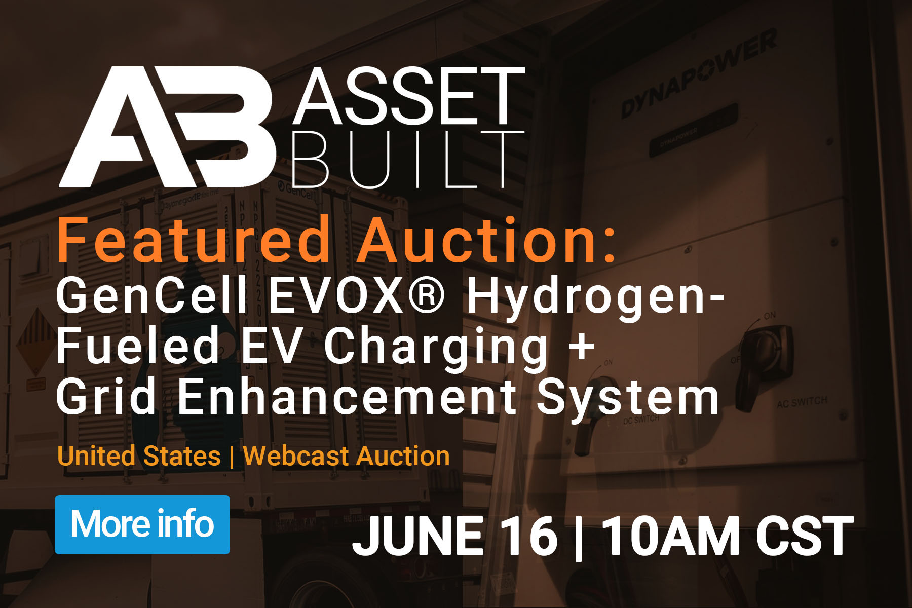 Advertisement for GenCell EVOX hydrogen EV charging and grid system auction on June 16 at 10AM CST.