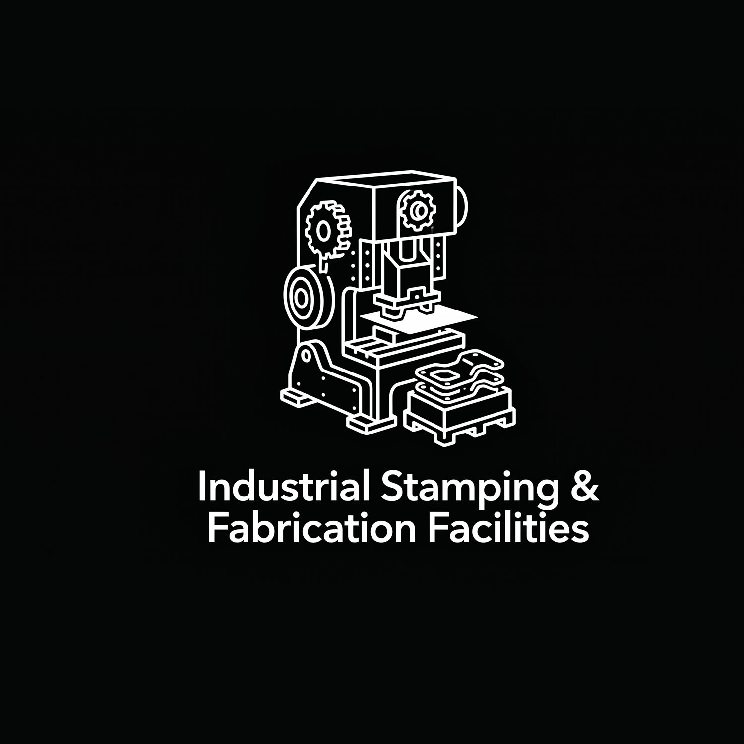 Icon of industrial stamping machine and metal parts with text Industrial Stamping & Fabrication Facilities.