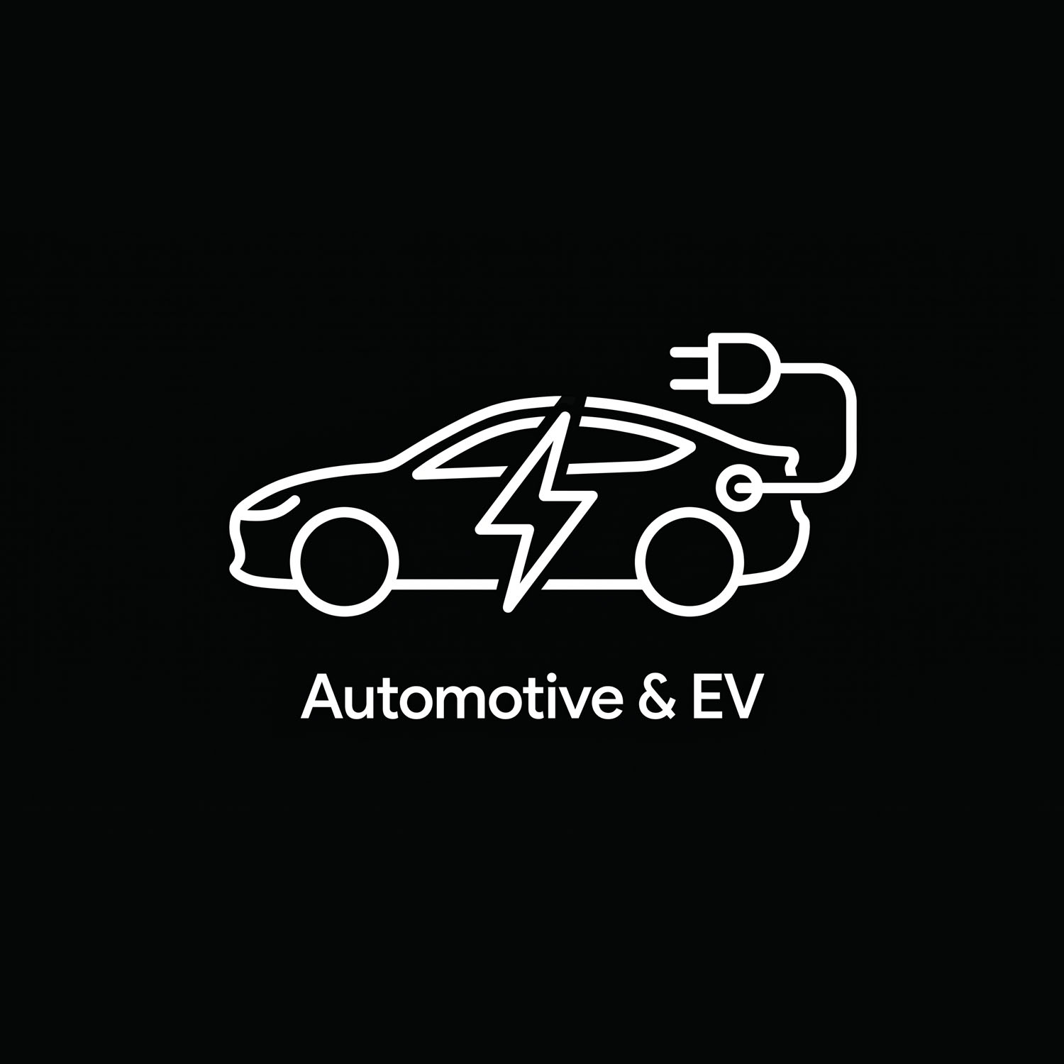 White outline of electric car with plug and lightning bolt symbol and text Automotive & EV on black.