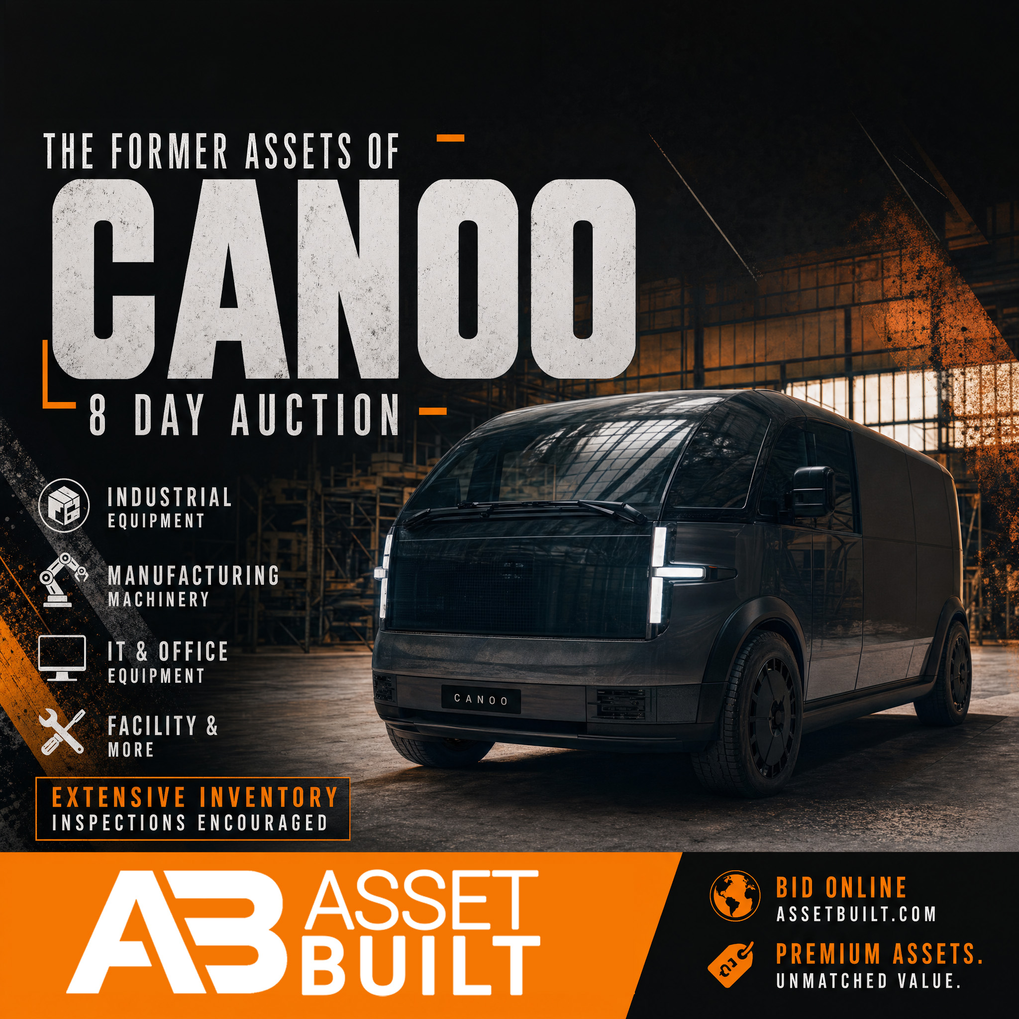 Black Canoo van in warehouse for 8 day auction of former Canoo assets with industrial and office equipment.