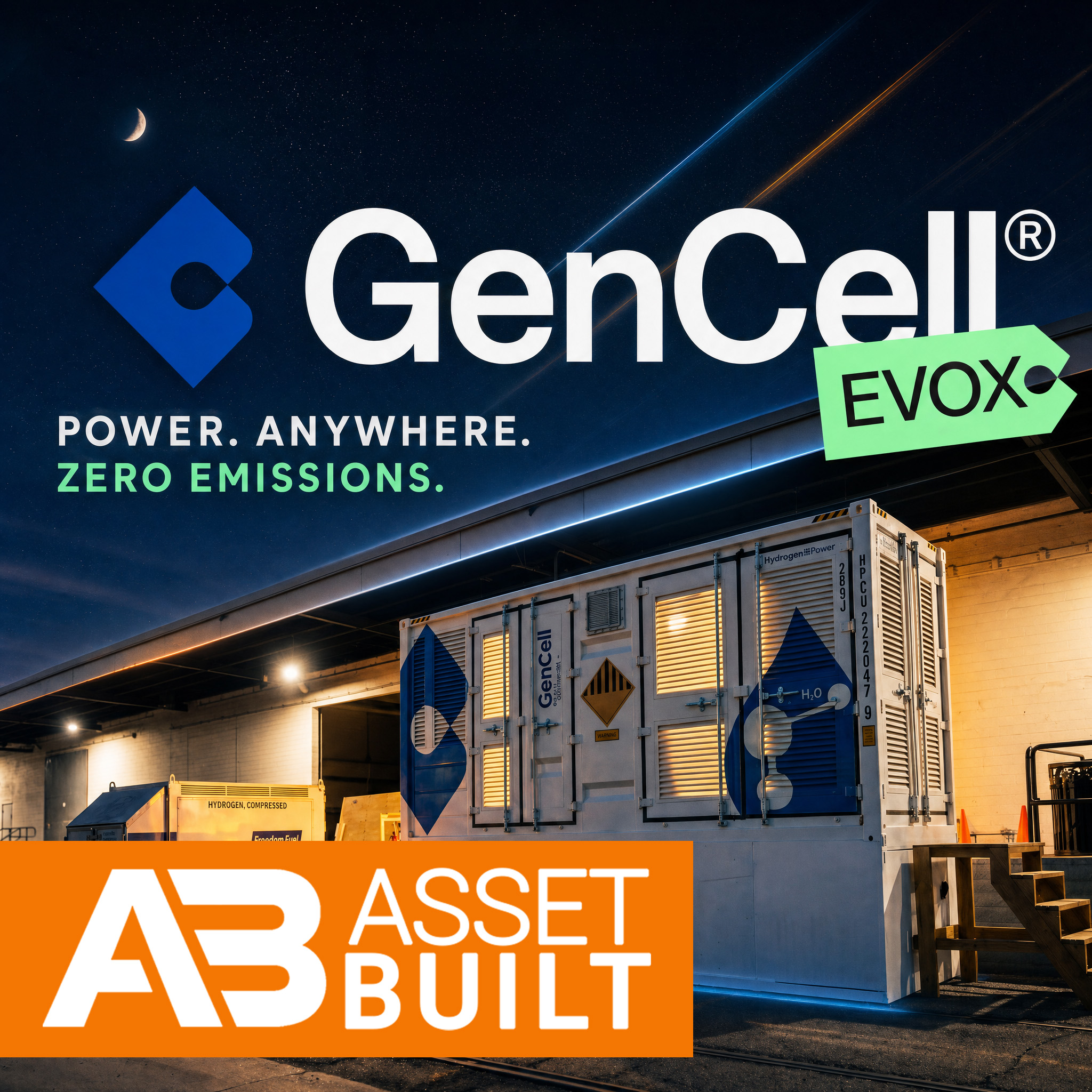 GenCell EVOX hydrogen power unit outside a building at night under a starry sky and crescent moon.