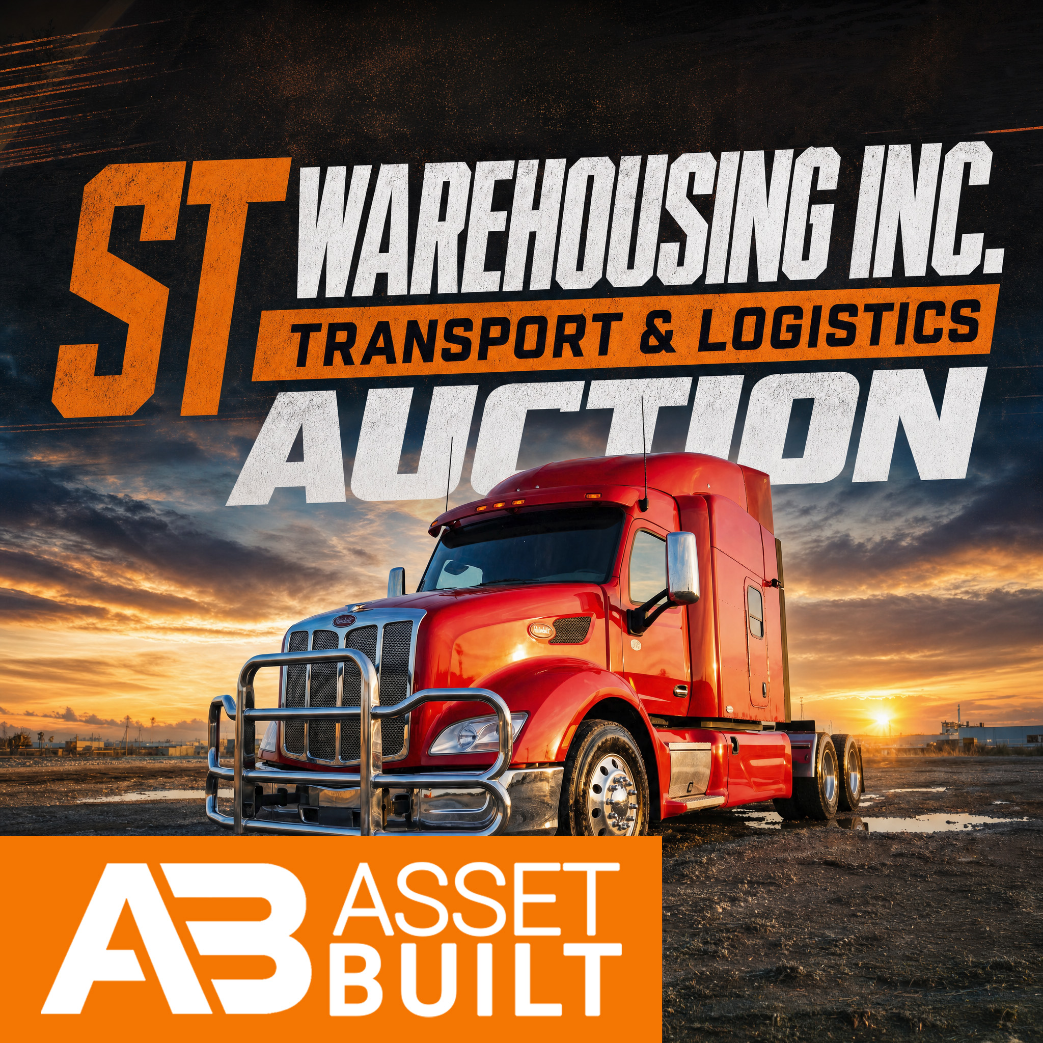 Red semi-truck parked on dirt ground at sunset with text about transport and logistics auction.