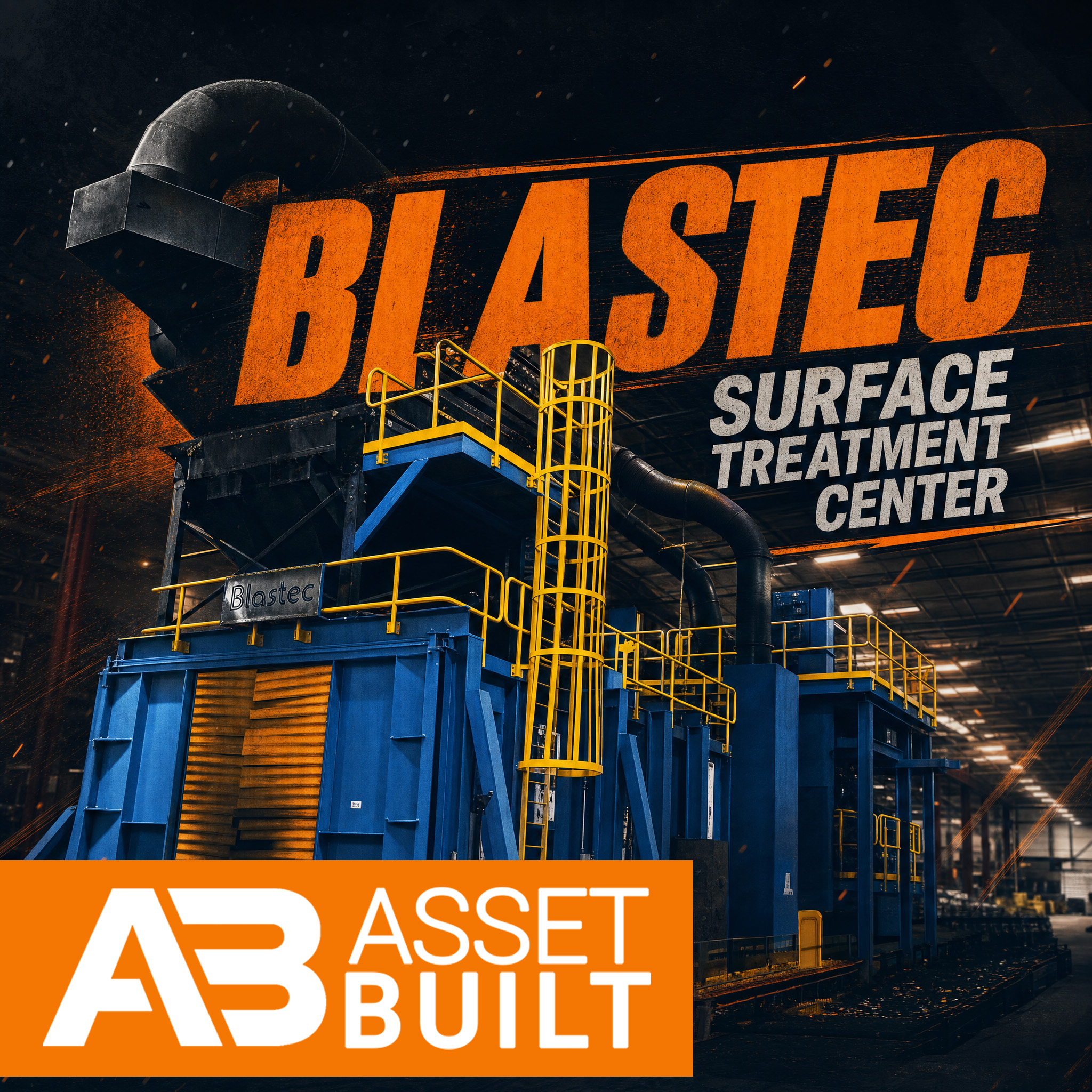 Industrial blue and yellow surface treatment equipment inside a large warehouse with Blastec branding.