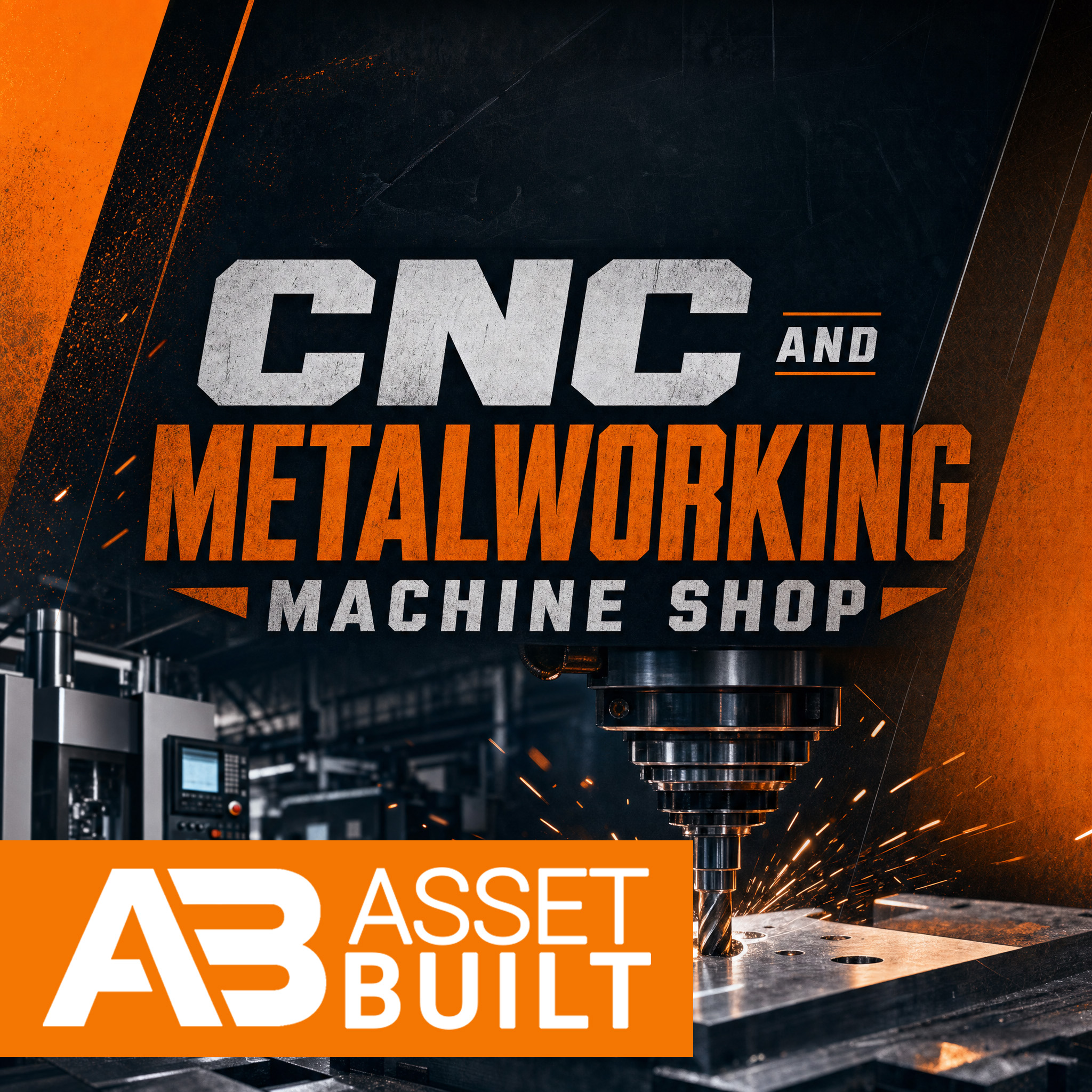 CNC machine tool cutting metal with sparks in a workshop with Asset Built logo overlay.