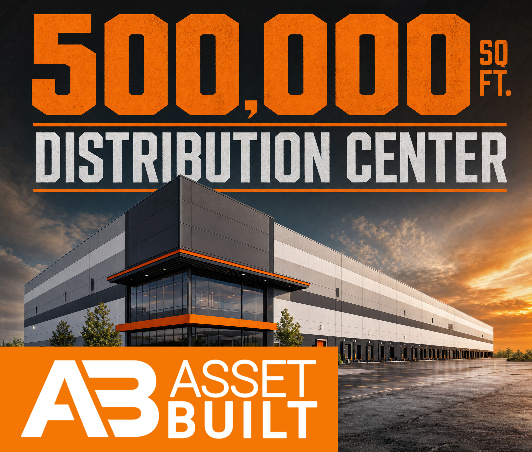 Modern gray and black warehouse building with loading docks at sunset, 500,000 sq. ft. distribution center.