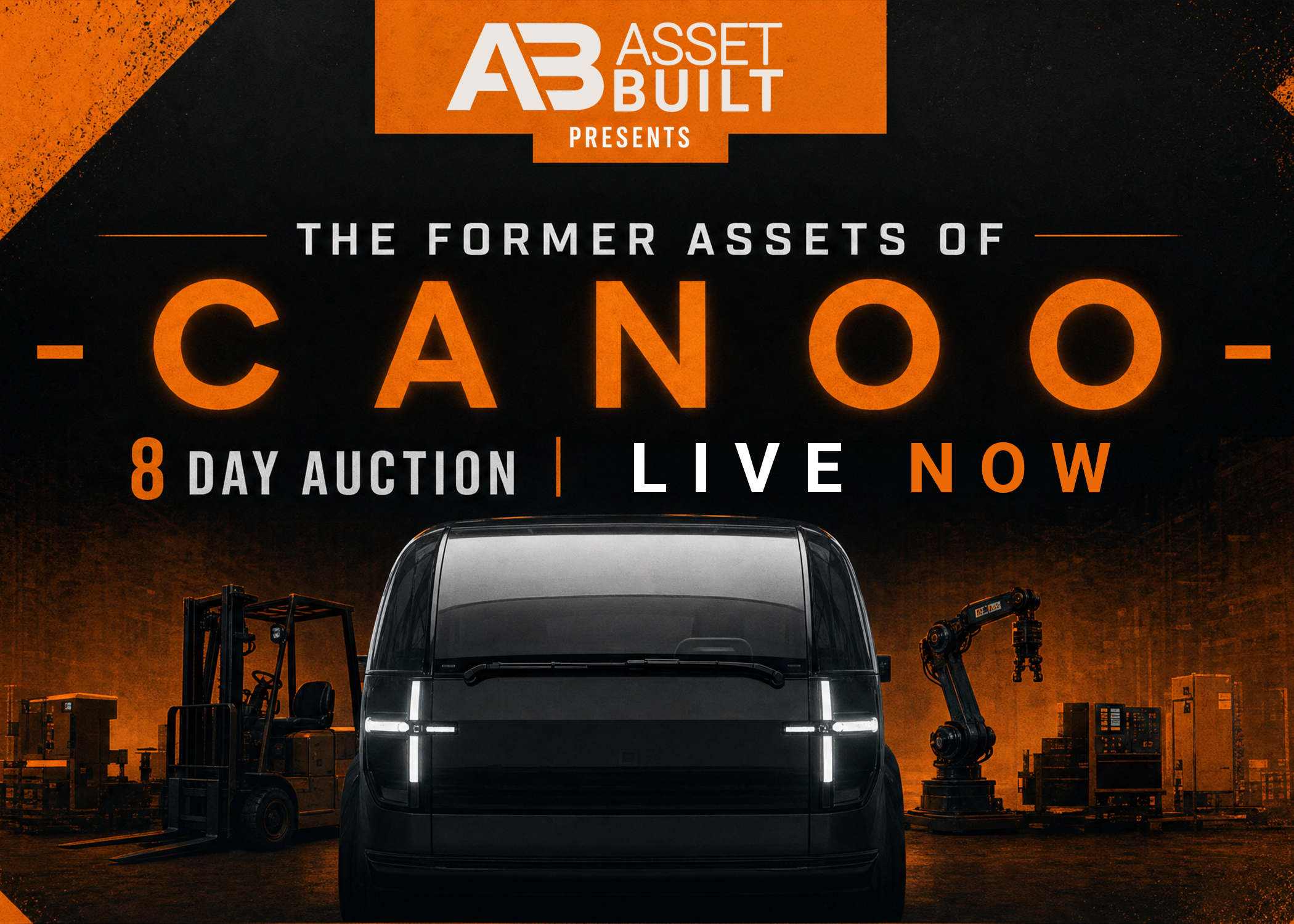 Warehouse interior with text announcing an 8-day webcast May 14 at 10 AM CST about former assets of a premiere EV manufacturer in Oklahoma City.