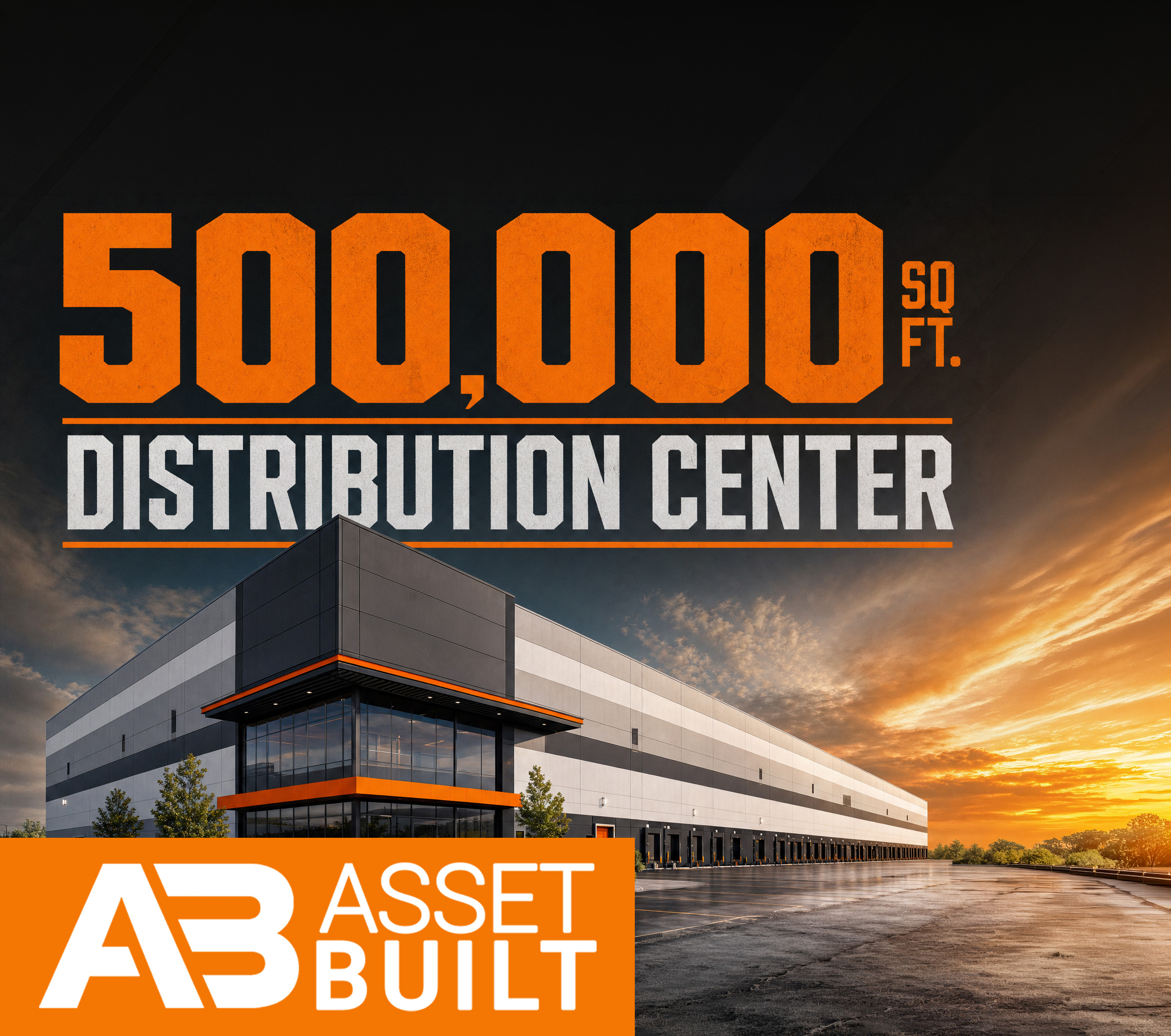 Modern gray and black warehouse building with loading docks at sunset, 500,000 sq. ft. distribution center.