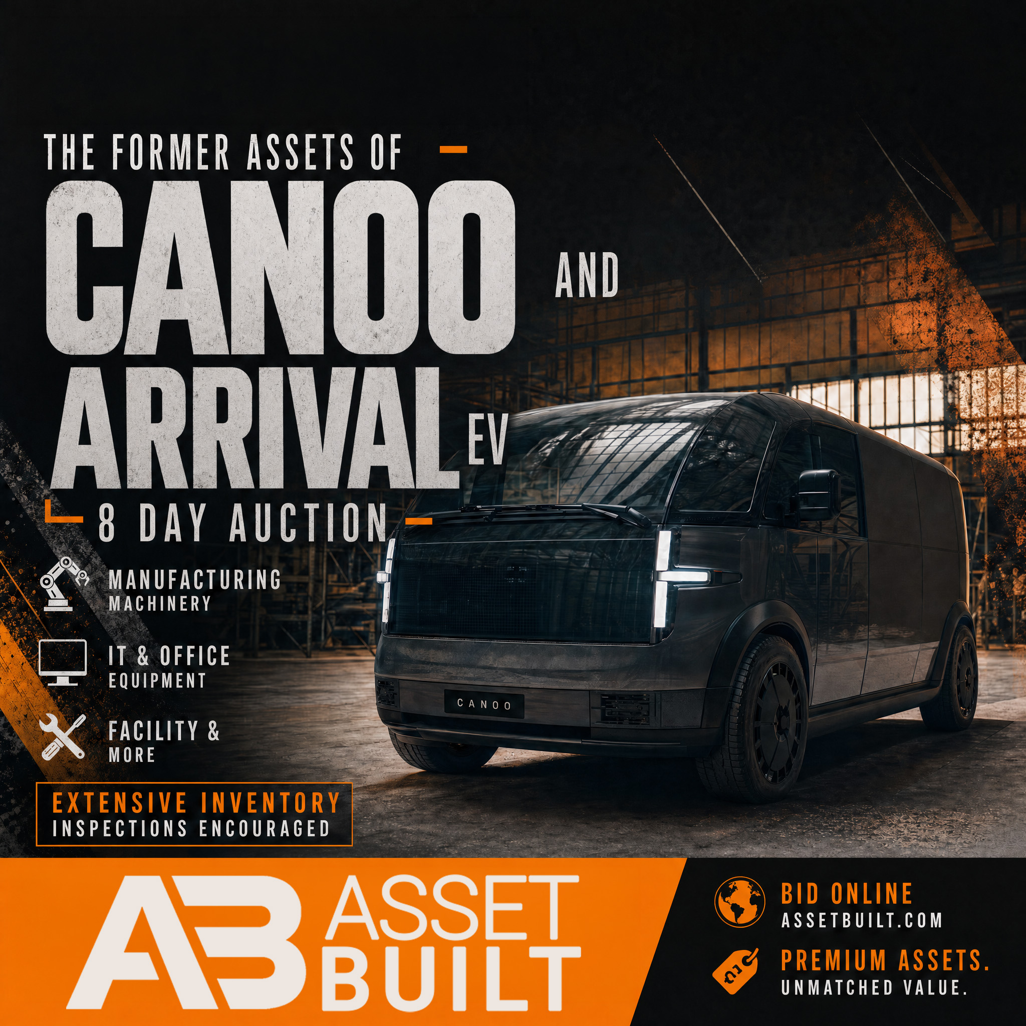 Black electric Canoo van in an industrial warehouse with auction details and Asset Built branding.
