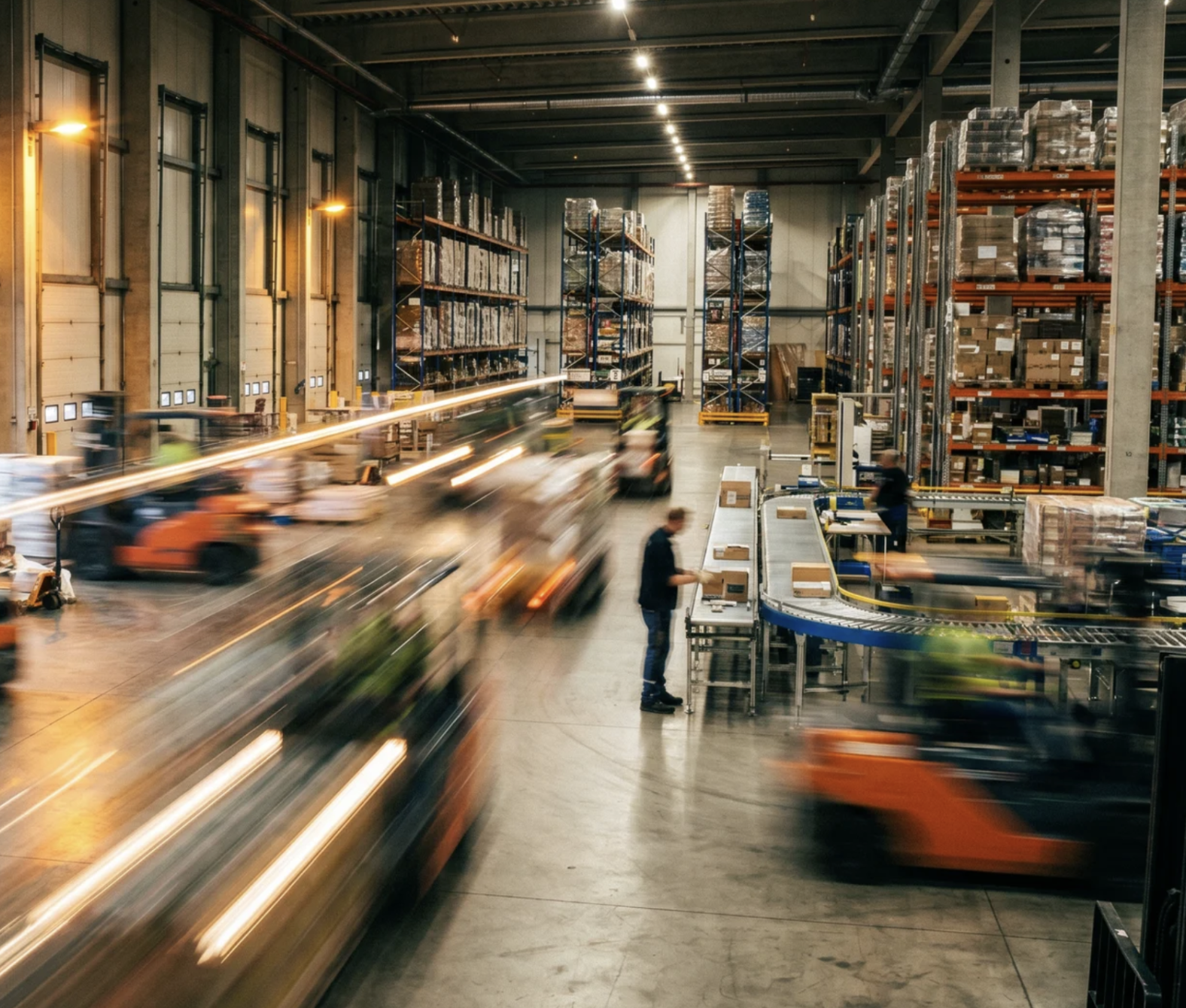 Busy warehouse with forklift trucks moving and workers handling packages on conveyor belts.
