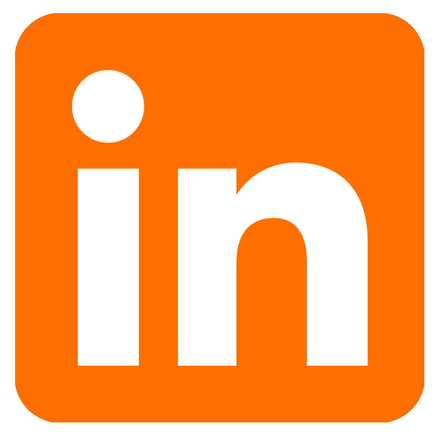 LinkedIn logo with white lowercase 'in' on an orange square background.