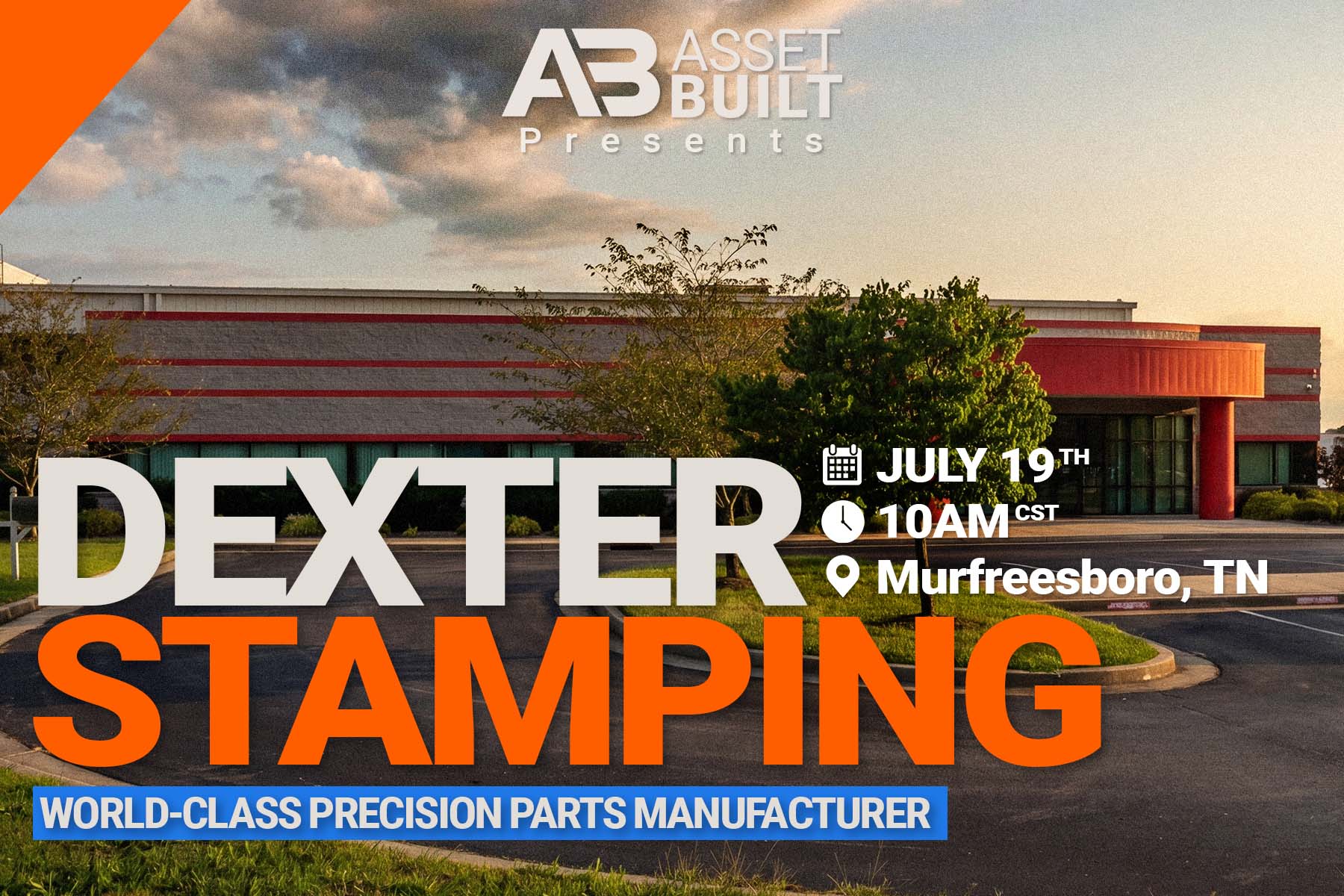 Metal stamping machine pressing a glowing hot metal piece with sparks flying beneath bold Dexter Stamping text.