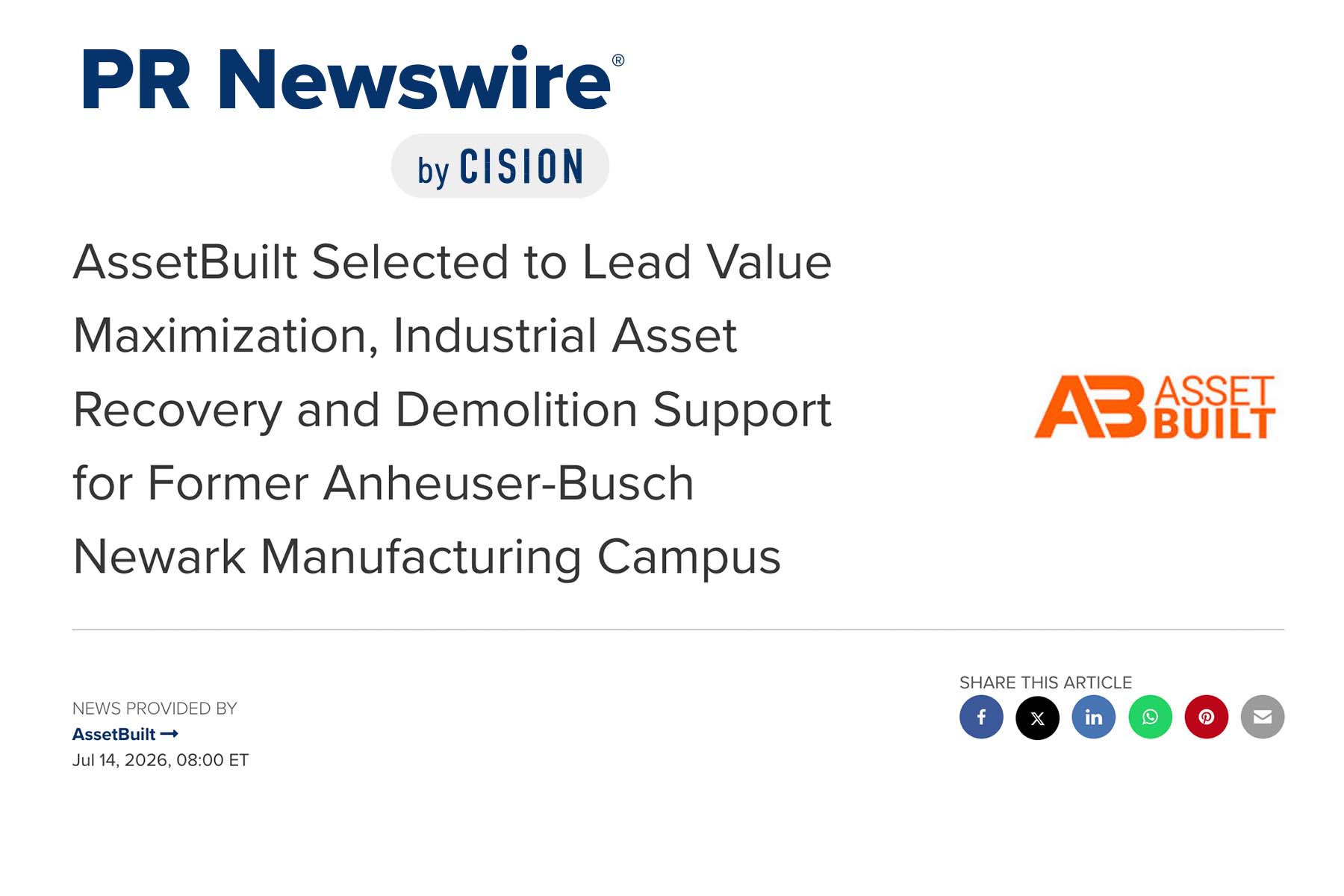 AssetBuilt announced it will conduct a major global webcast auction featuring the former assets of Canoo and Arrival from a state-of-the-art electric vehicle manufacturing facility in Oklahoma City. The eight-day online auction event begins May 18, 2026, at 10:00 a.m. CST.  The sale presents a rare opportunity for manufacturers, integrators, and EV industry participants to acquire late-model, production-ready equipment from a recently outfitted facility designed for next-generation electric vehicle manufacturing. Much of the equipment was installed as recently as 2023 and remains in exceptional condition.  A centerpiece of the auction is the highly sought-after Manz battery production line, marking a significant offering to enter the secondary market. The event also includes Arrival-associated assets, expanding the auction's appeal for buyers focused on electric vehicle production, energy storage, robotics, and advanced manufacturing operations.  The Oklahoma City facility was purpose-built to support modern EV manufacturing with integrated robotic automation, modular assembly systems, precision processing environments, and comprehensive plant infrastructure. Buyers will have the opportunity to purchase individual machines, complete production cells, or fully integrated systems.  Auction highlights include EV assembly and automation systems featuring robotic cells, conveyor-based production lines, and modular manufacturing systems, including the Manz line. Additional assets include precision manufacturing equipment, battery and energy storage systems, testing and quality control equipment, diagnostics and validation stations, and extensive plant infrastructure assets such as compressed air systems and electrical distribution equipment.  According to AssetBuilt CEO Tara Shaikh, the auction represents an exceptional opportunity for companies seeking to accelerate manufacturing expansion without the long lead times associated with sourcing and commissioning new equipment. "This is an opportunity to acquire modern, low-hour equipment from a fully integrated EV manufacturing environment," said Shaikh. "The scale, quality, and readiness of these assets make this a highly compelling event for automotive and advanced manufacturing buyers worldwide."