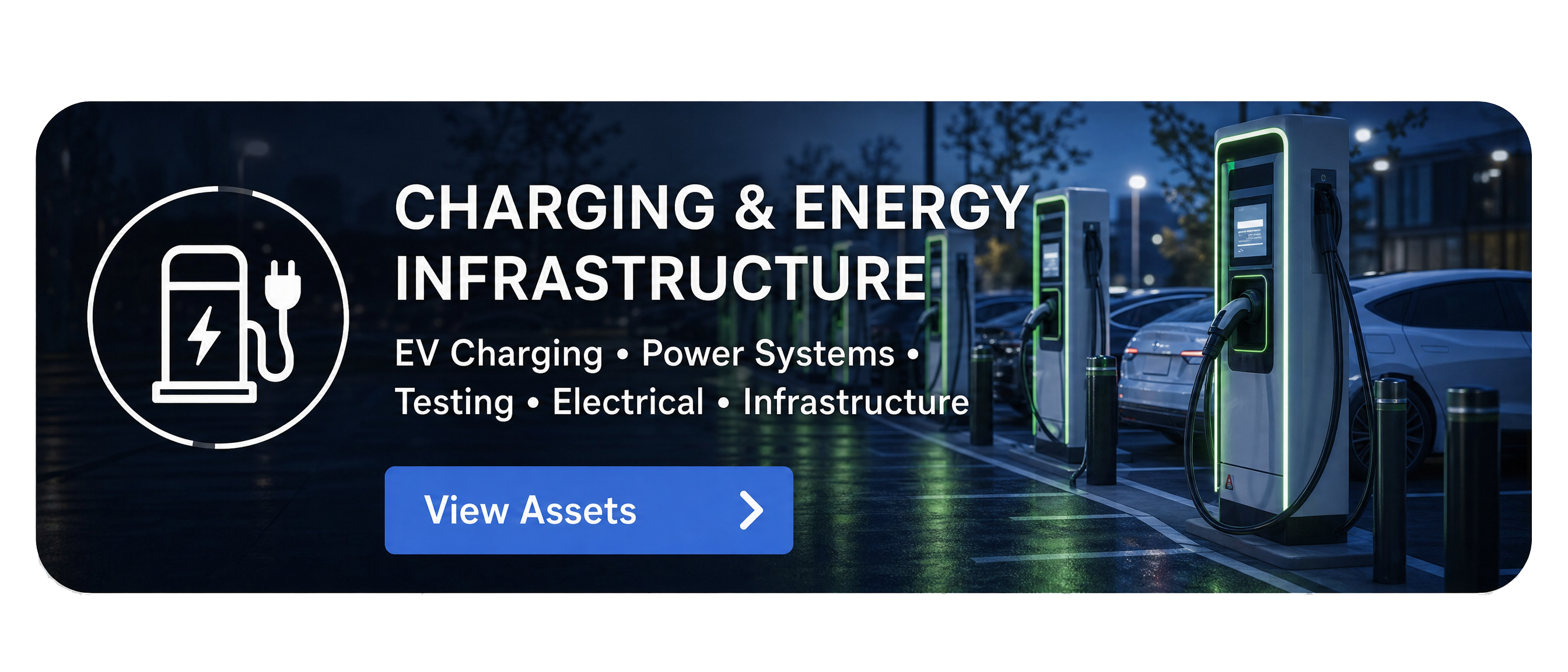 Electric vehicle charging stations lit up at night in a row beside parked cars.