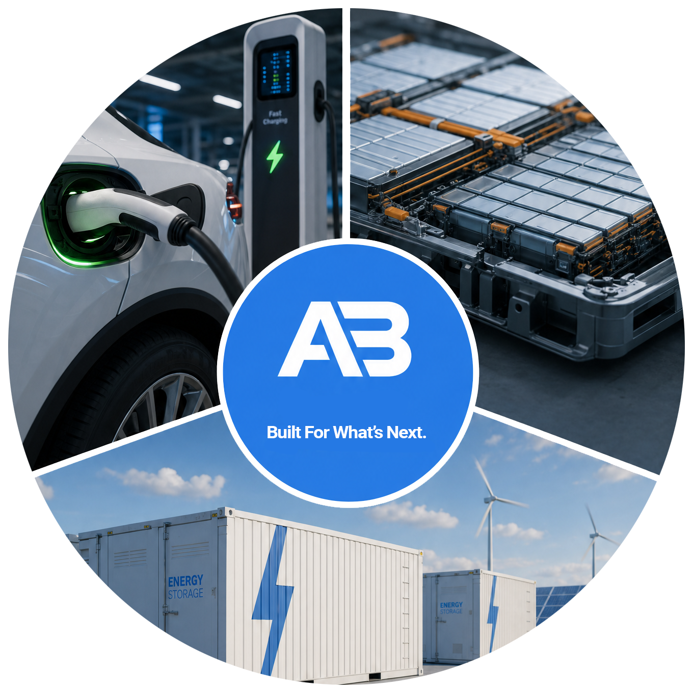Collage of electric car charging, battery pack, and energy storage containers with wind turbines, centered AB logo.