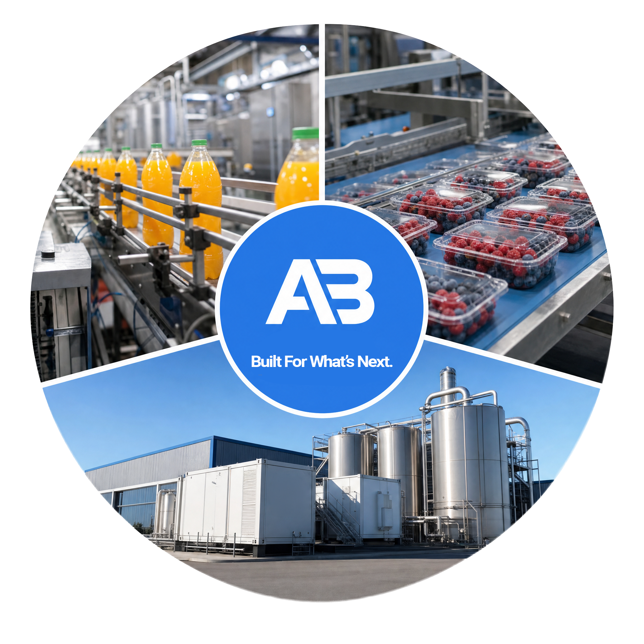 Orange juice bottling line, packaged berries on conveyor, and industrial stainless steel processing tanks.