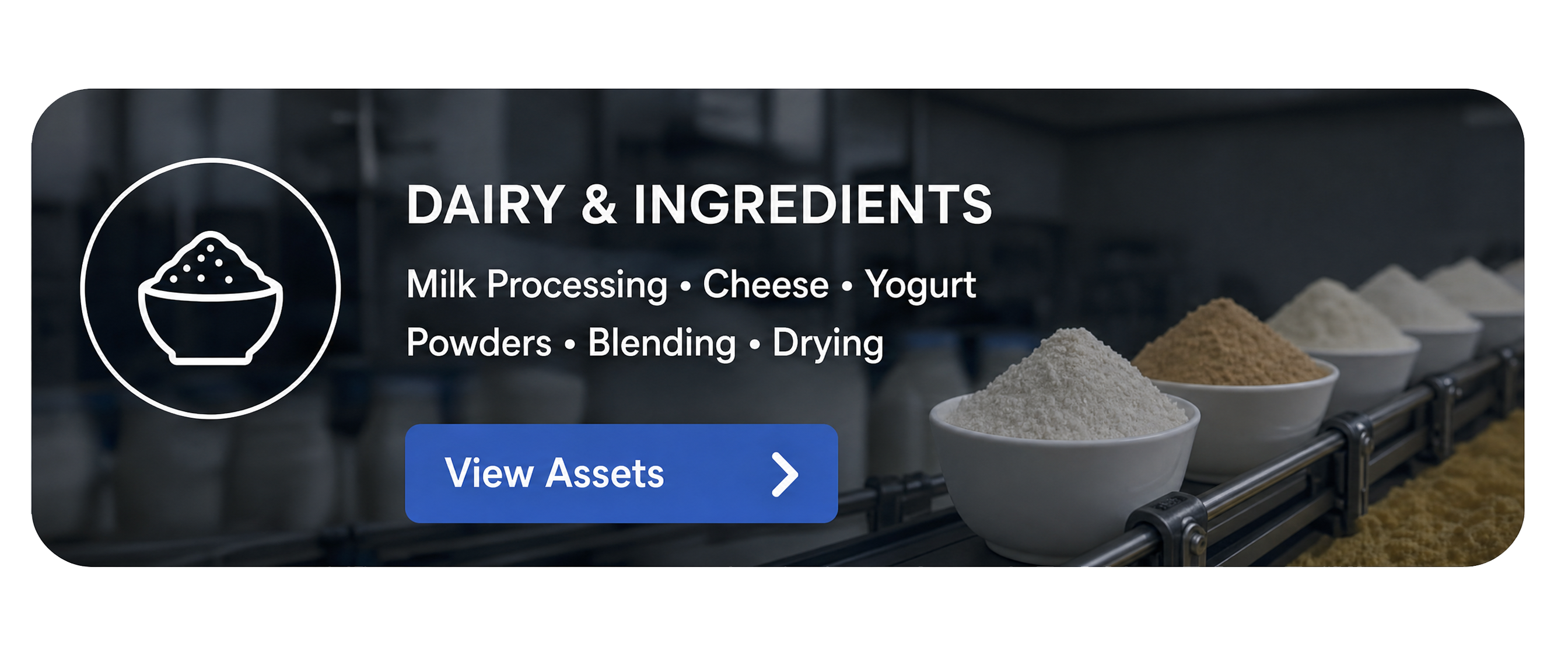 Bowls of dairy powders in a production line highlighting milk, cheese, yogurt processing, blending, and drying.