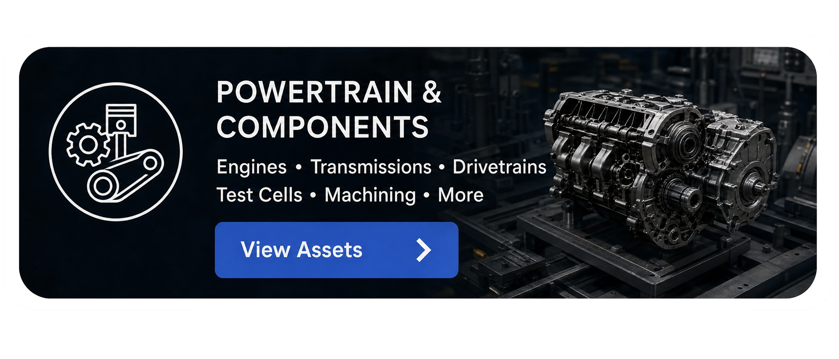 Industrial engine drivetrain component on a metal test bench with powertrain icon and text.