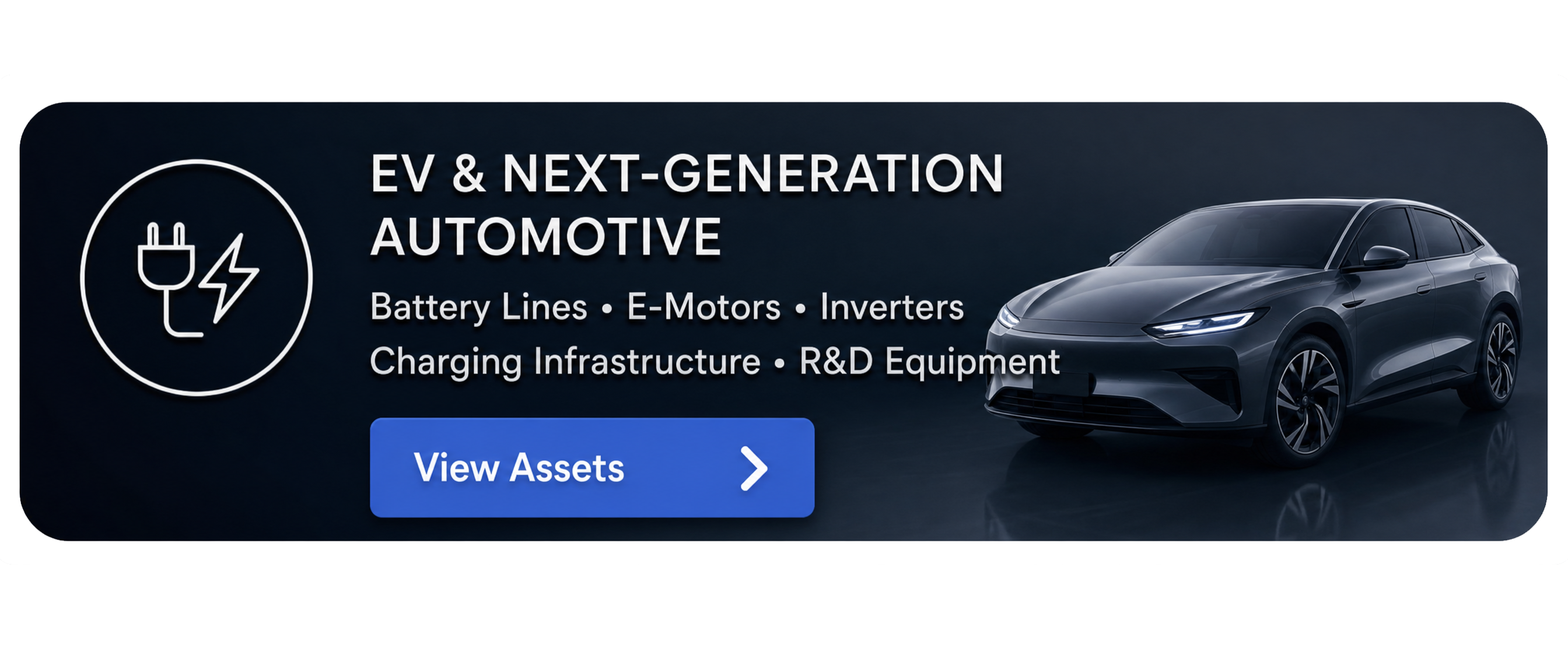 Dark electric vehicle with text about EV battery lines, e-motors, inverters, charging, and R&D equipment.