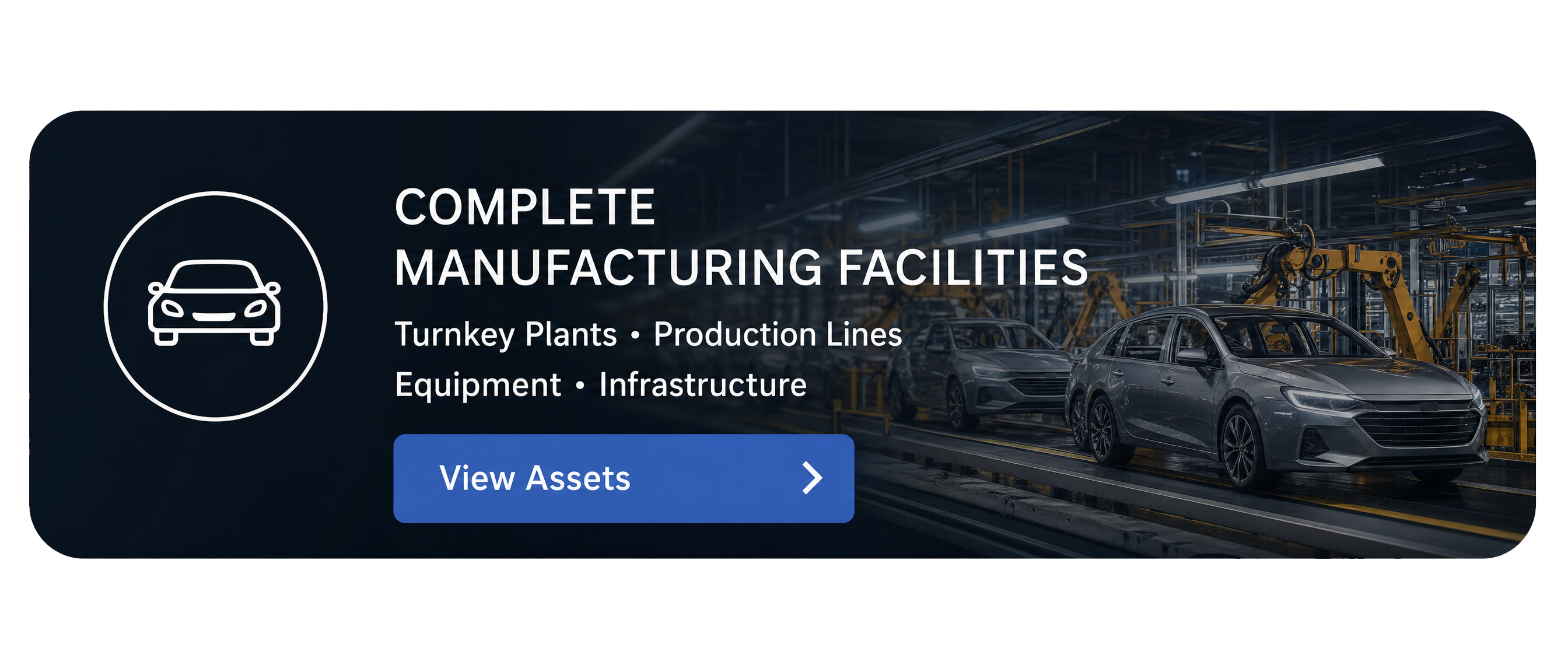 Aerial night view of manufacturing plants with text about turnkey plants, production lines, and infrastructure.