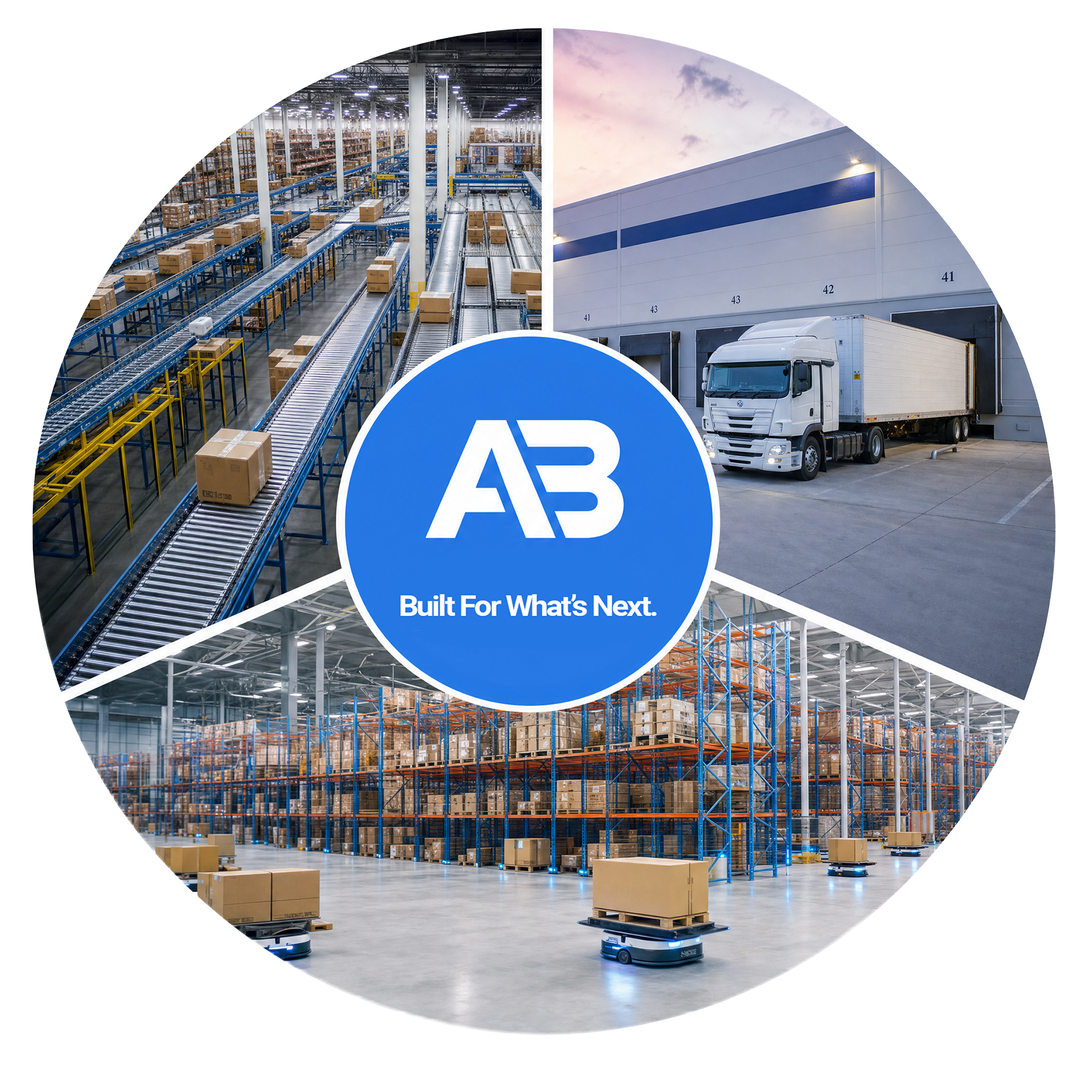 Collage of warehouse conveyor belts, autonomous robots moving packages, and a delivery truck at a loading dock.