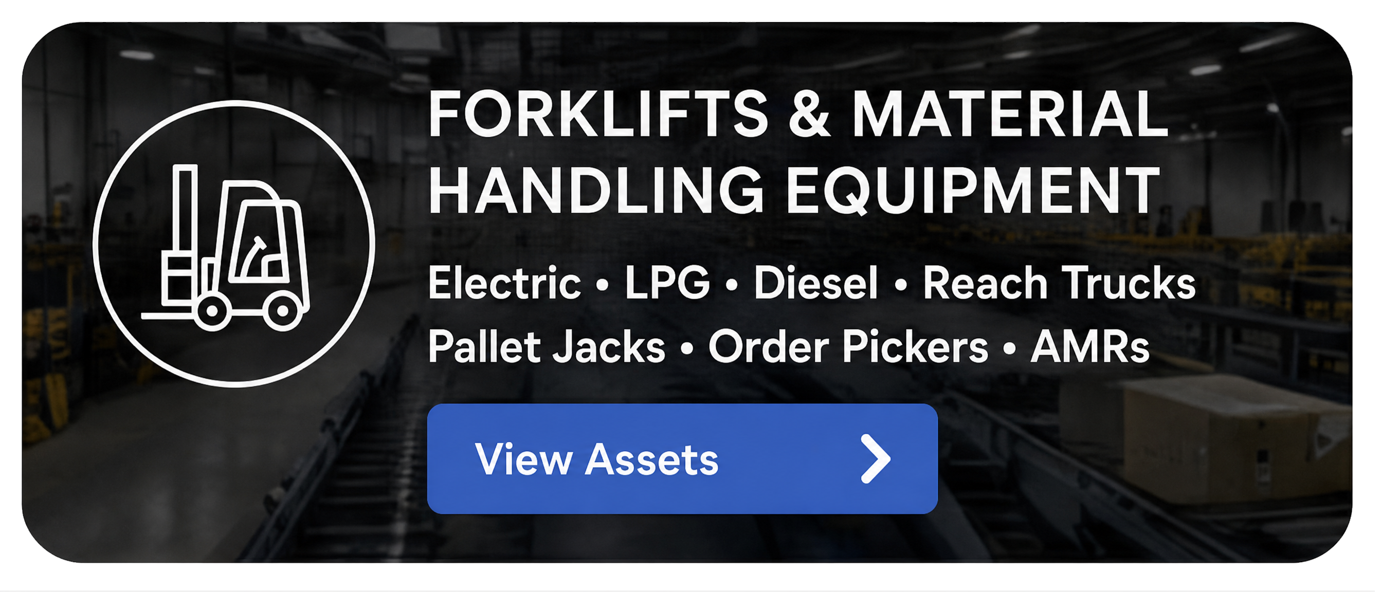 Button with forklift icon and text about forklifts, pallet jacks, and material handling equipment.