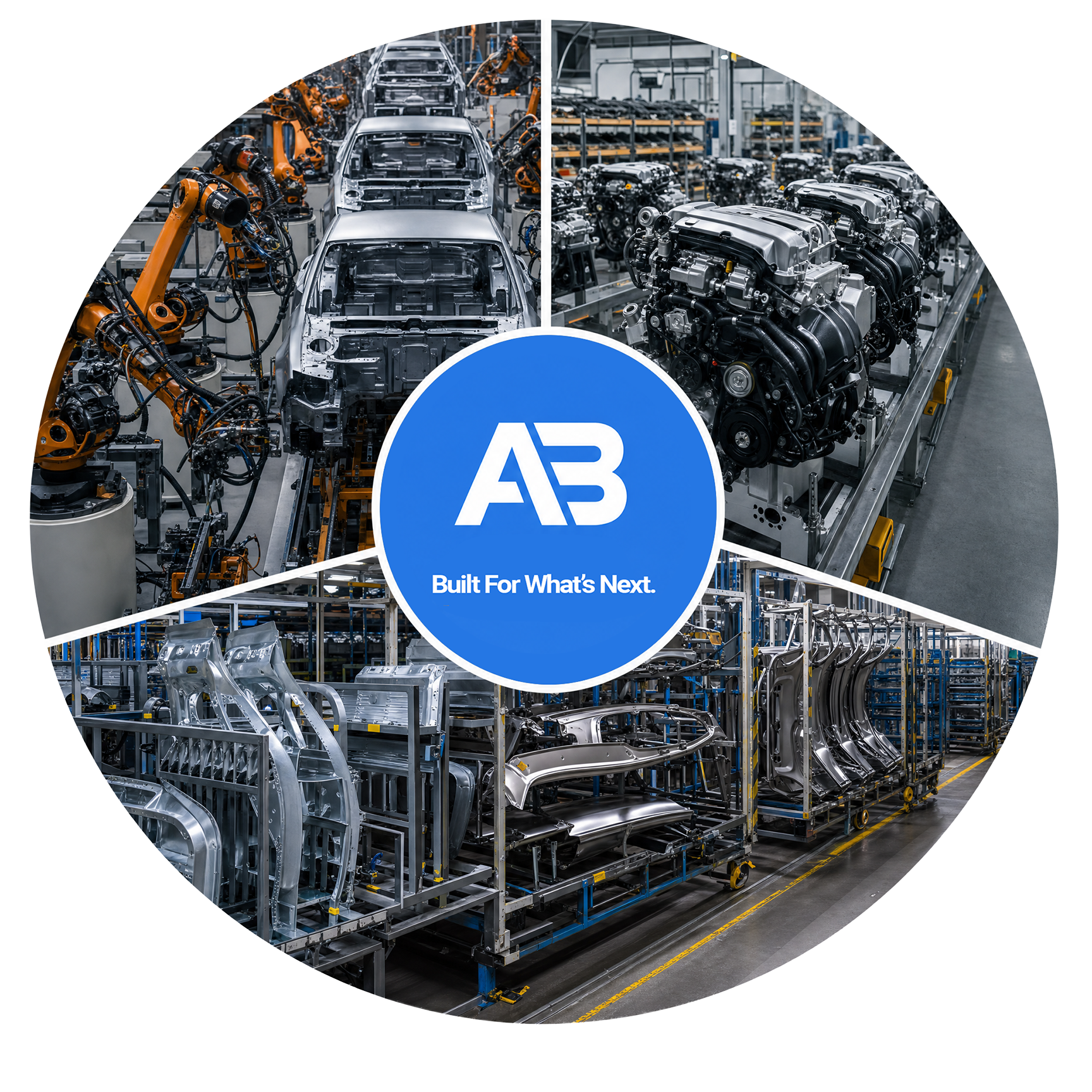 Circular collage of automotive assembly line, engines, and metal car parts with blue AB logo center.