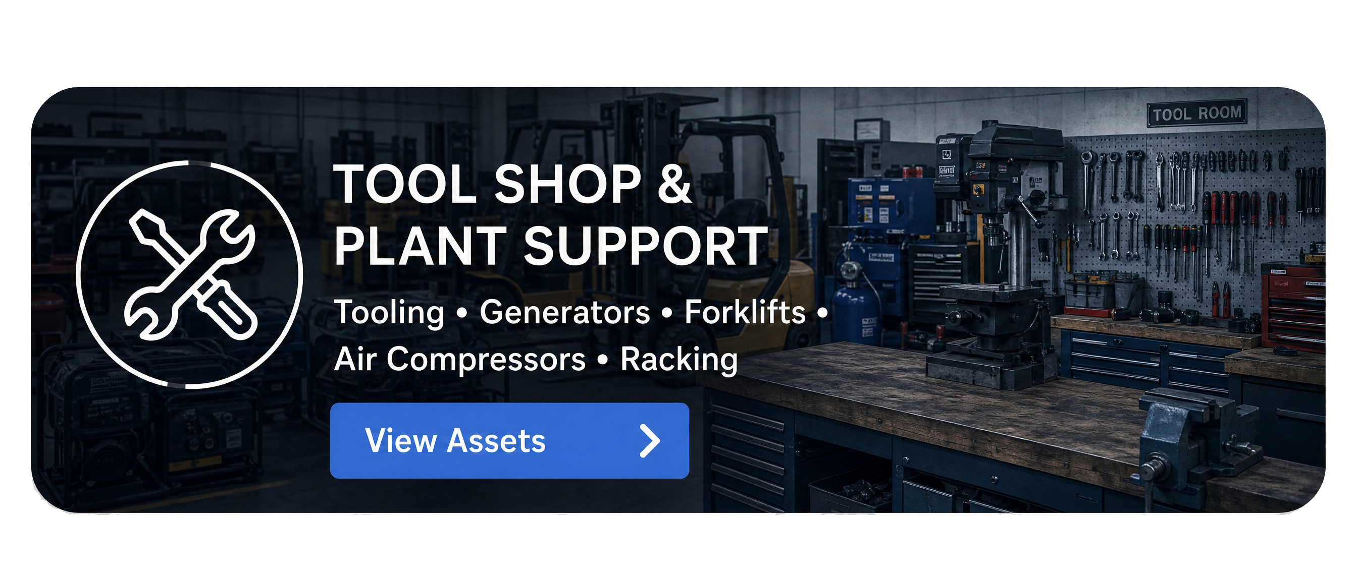 Button with forklift icon and text about forklifts, pallet jacks, and material handling equipment.