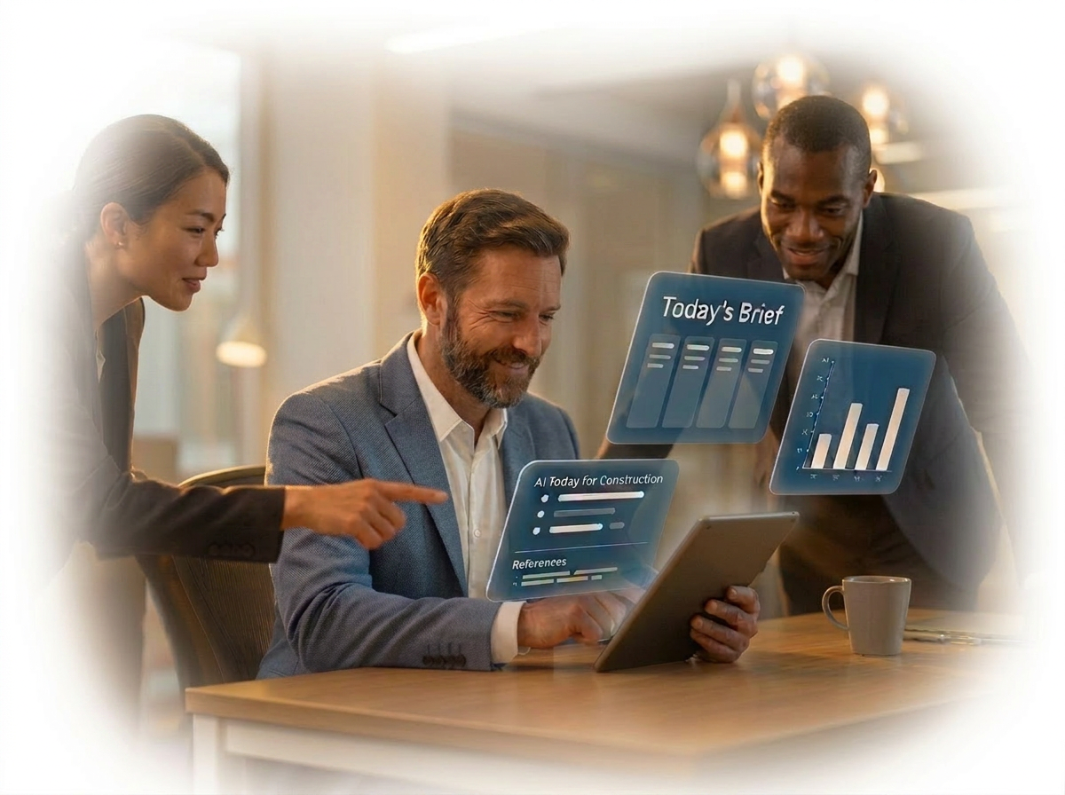 Man smiling while reading his daily AI briefing on a tablet, with two colleagues looking on, and translucent panels showing today's brief, construction industry insights, and a performance chart