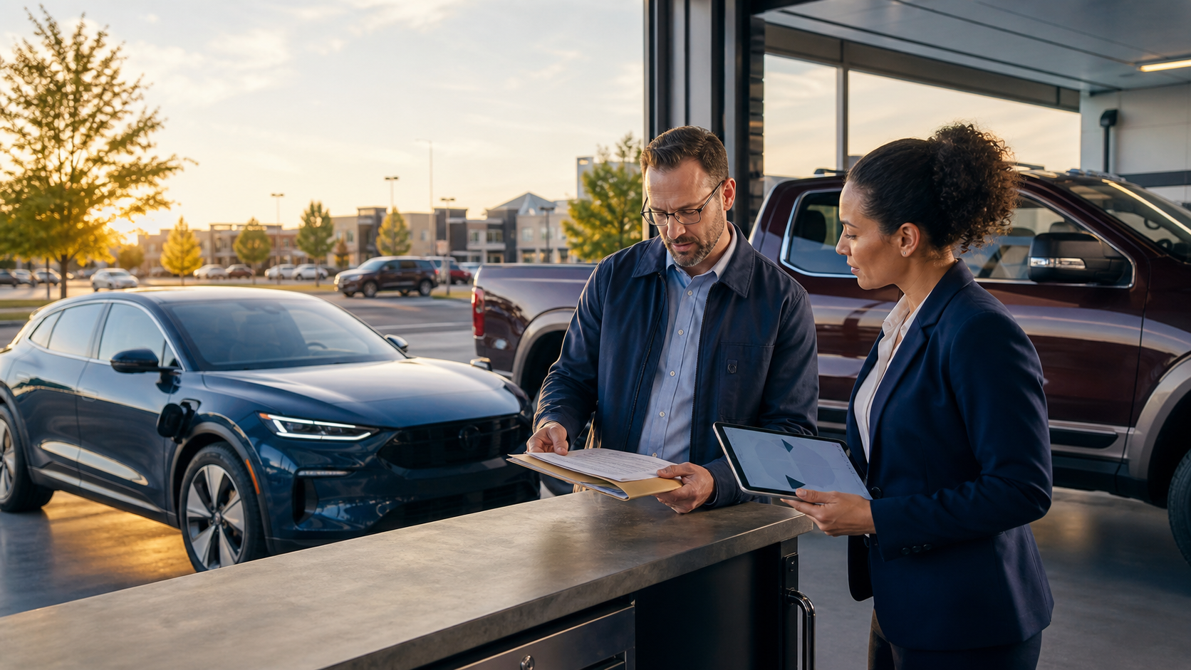 Insurance claims professionals reviewing an AI-assisted auto damage assessment at a North American service center