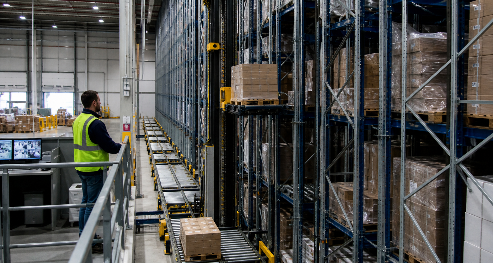 AI-enabled high-bay warehouse with automated pallet shuttle, conveyors, cartons, racking, and human supervisor