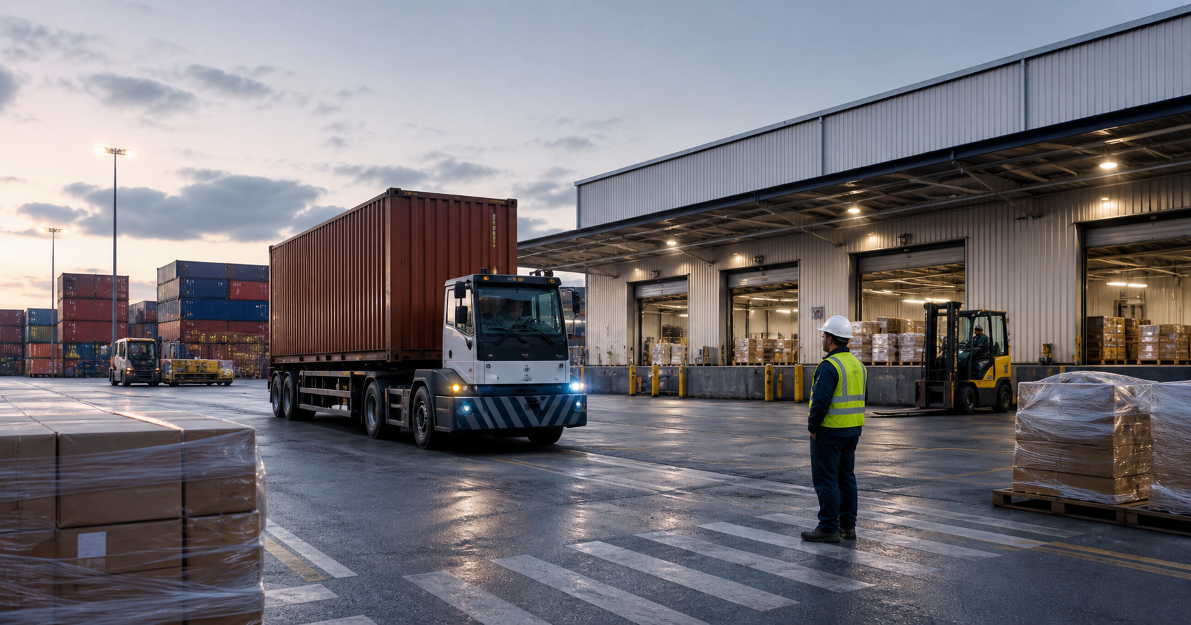 AI-enabled 3PL transload operation with autonomous yard tractor, dock doors, pallets, cartons, and human logistics coordinator
