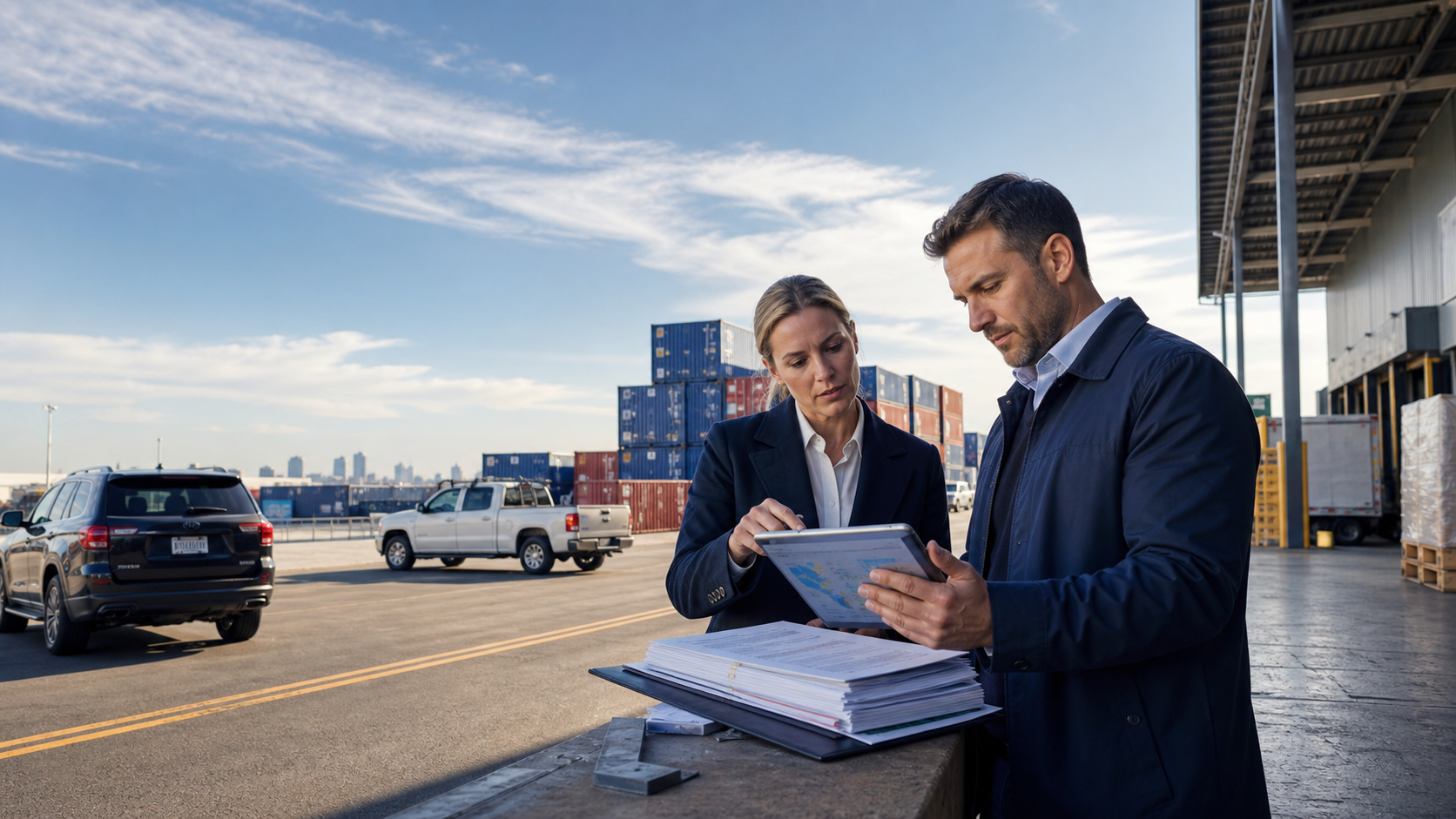 Insurance underwriter and claims adjuster reviewing AI-assisted cargo risk evidence at a North American intermodal terminal