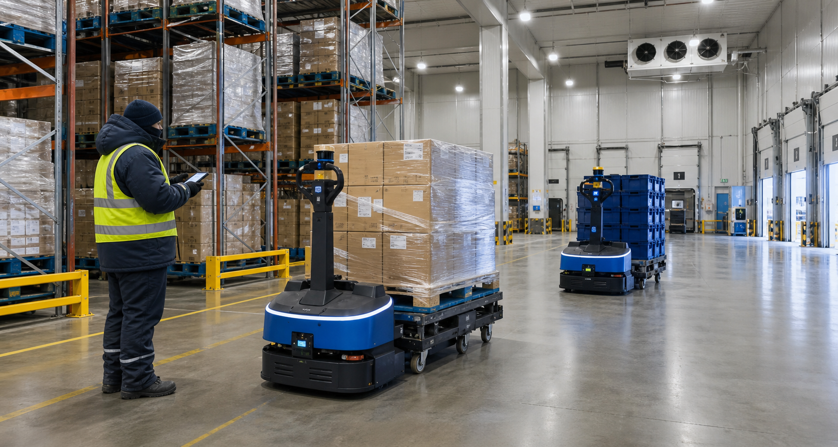 AI-enabled cold-chain 3PL warehouse with autonomous mobile robots, palletized cartons, racking, and human supervisor