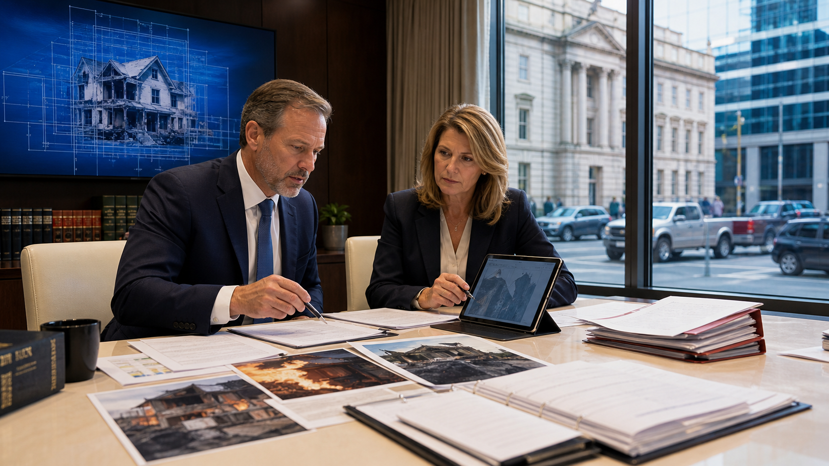 Insurance claims attorney and adjuster reviewing AI-assisted fire-loss evidence and policy files
