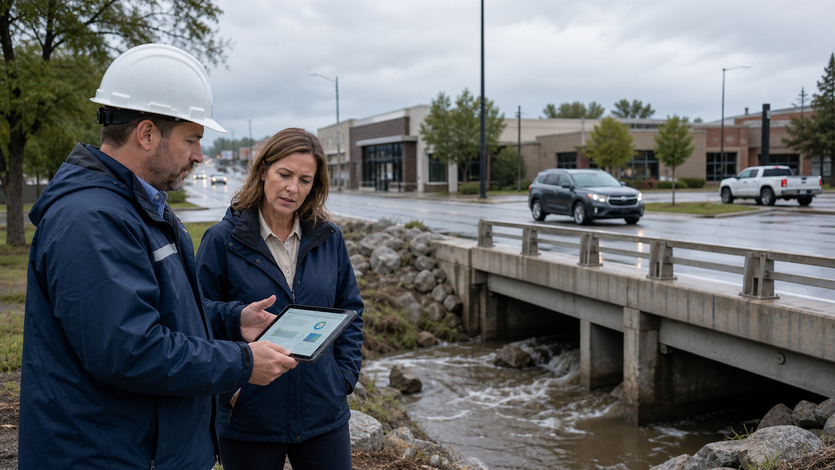 Insurance catastrophe engineer and municipal risk manager reviewing storm-related property and auto exposure