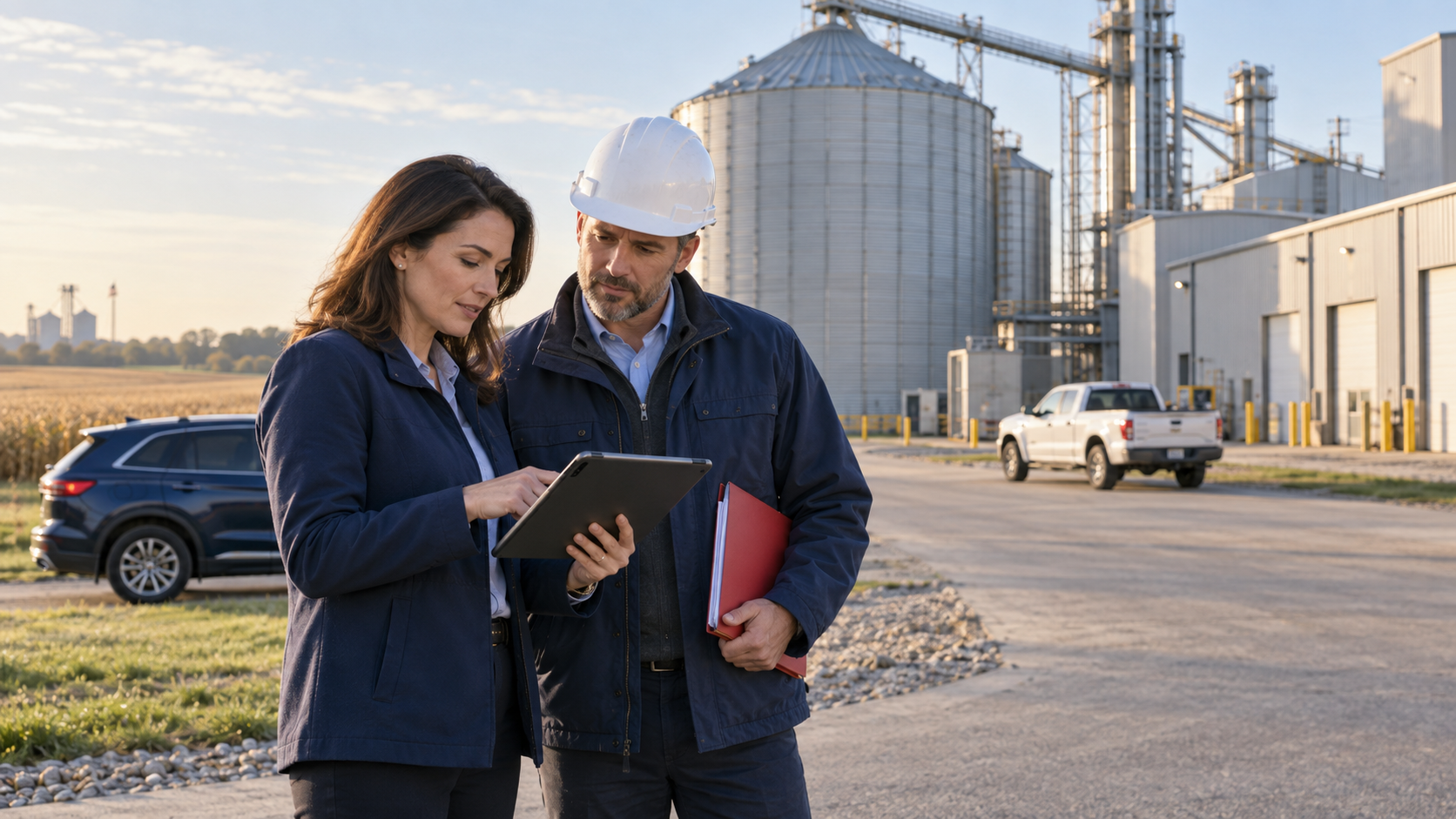 Insurance professionals reviewing AI-assisted agricultural and commercial property risk evidence beside a North American grain facility