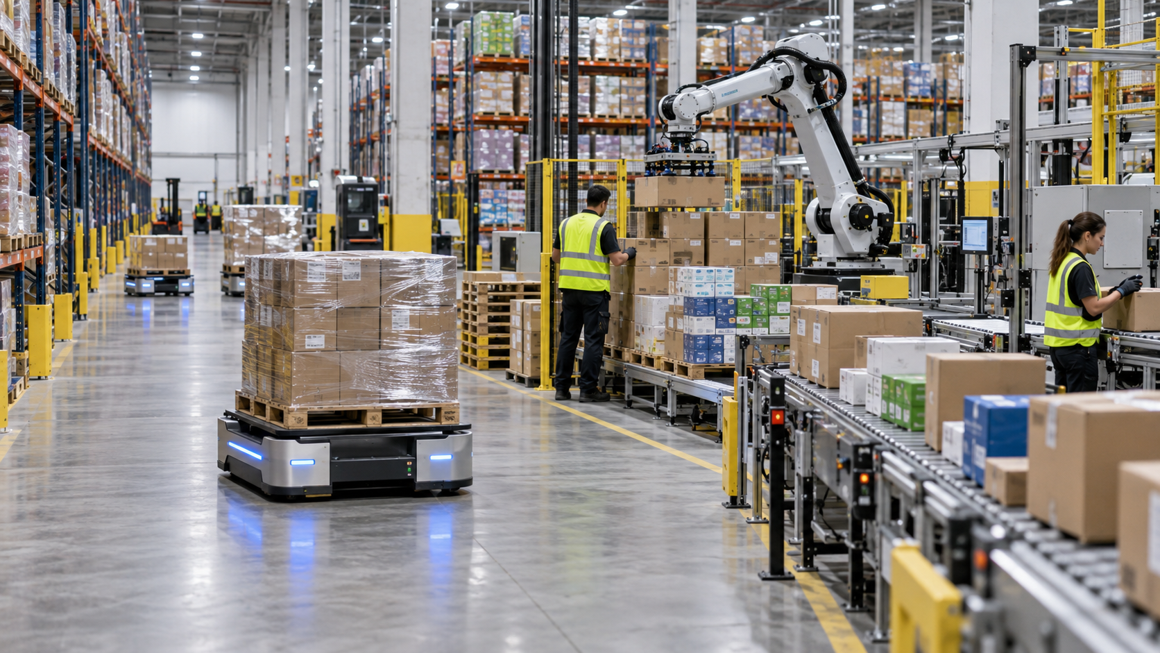 AI-enabled 3PL cross-dock warehouse with autonomous pallet movers and human operators